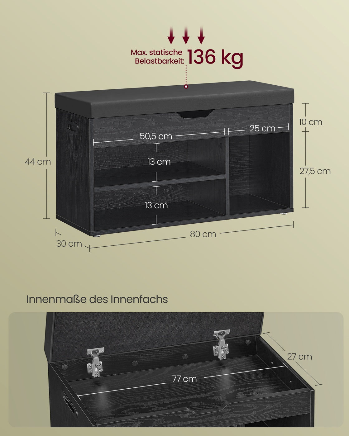 Schuhaufbewahrung – Schuhbank mit Sitzfläche – Aufbewahrungsbank mit 3 Offenen Fächern – 30 x 80 x 44 cm – Tragfähigkeit bis 150 kg