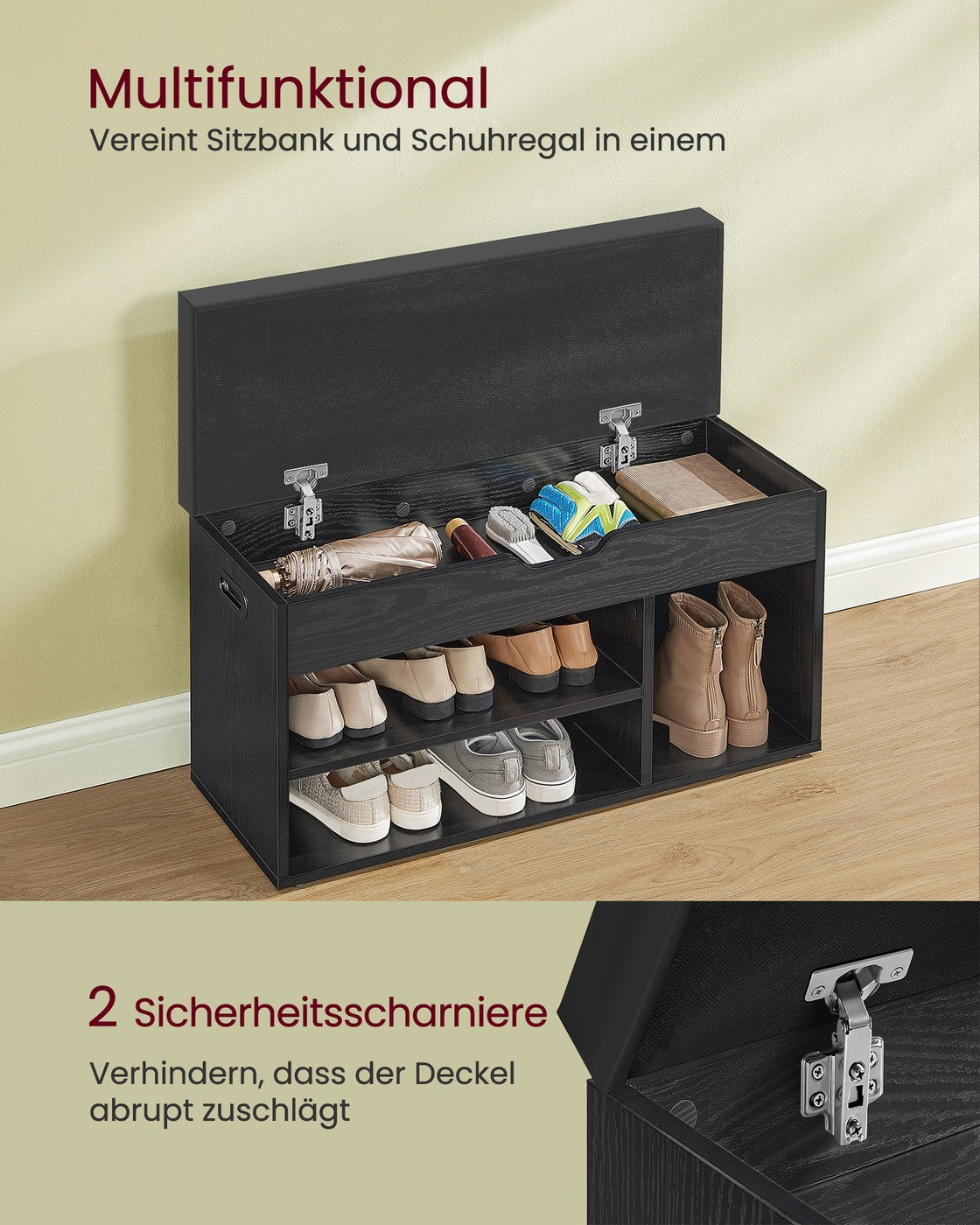 Schuhaufbewahrung – Schuhbank mit Sitzfläche – Aufbewahrungsbank mit 3 Offenen Fächern – 30 x 80 x 44 cm – Tragfähigkeit bis 150 kg