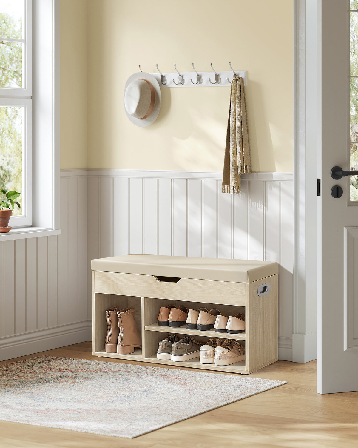 Schuhaufbewahrung – Schuhbank mit Sitzfläche – Aufbewahrungsbank mit 3 Offenen Fächern – 30 x 80 x 44 cm – Tragfähigkeit bis 150 kg