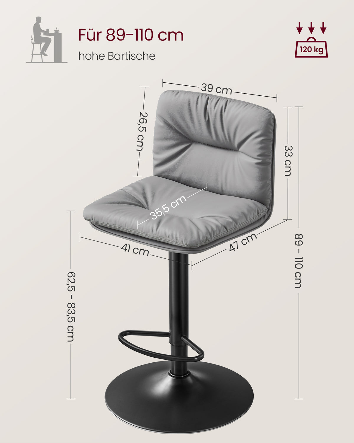 Set mit 2 Barhockern – Verstellbar – 360° drehbar – Kunstleder mit Rücken- und Fußstütze