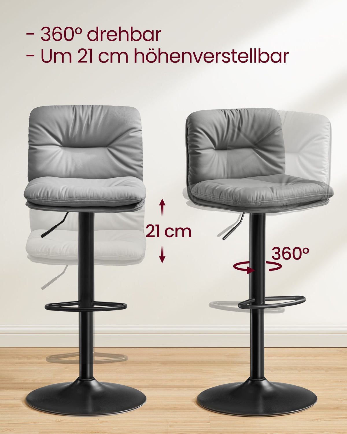 Set mit 2 Barhockern – Verstellbar – 360° drehbar – Kunstleder mit Rücken- und Fußstütze