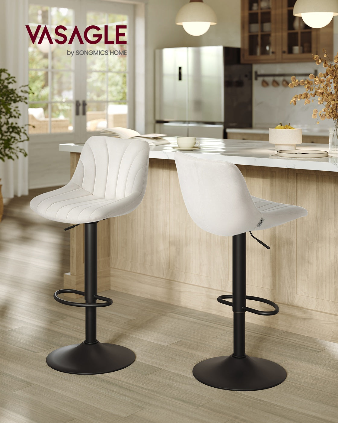 Samt-Barhocker-Set, 2er-Set – Höhenverstellbar & 360° drehbar – Mit Rückenlehne und Fußstütze