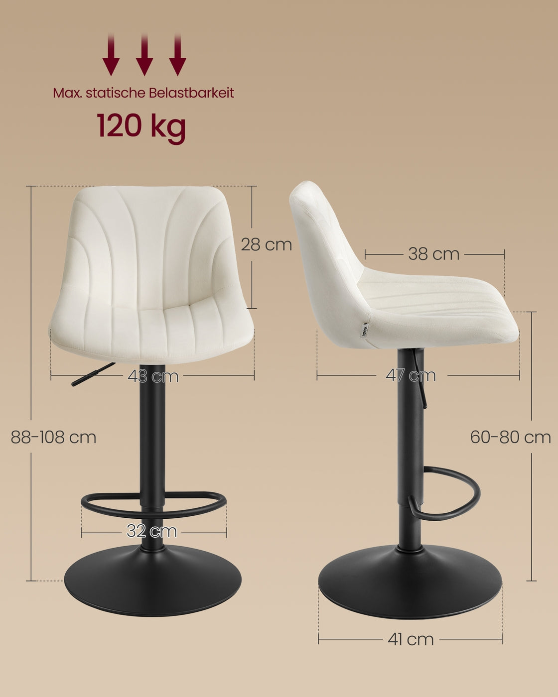 Samt-Barhocker-Set, 2er-Set – Höhenverstellbar & 360° drehbar – Mit Rückenlehne und Fußstütze