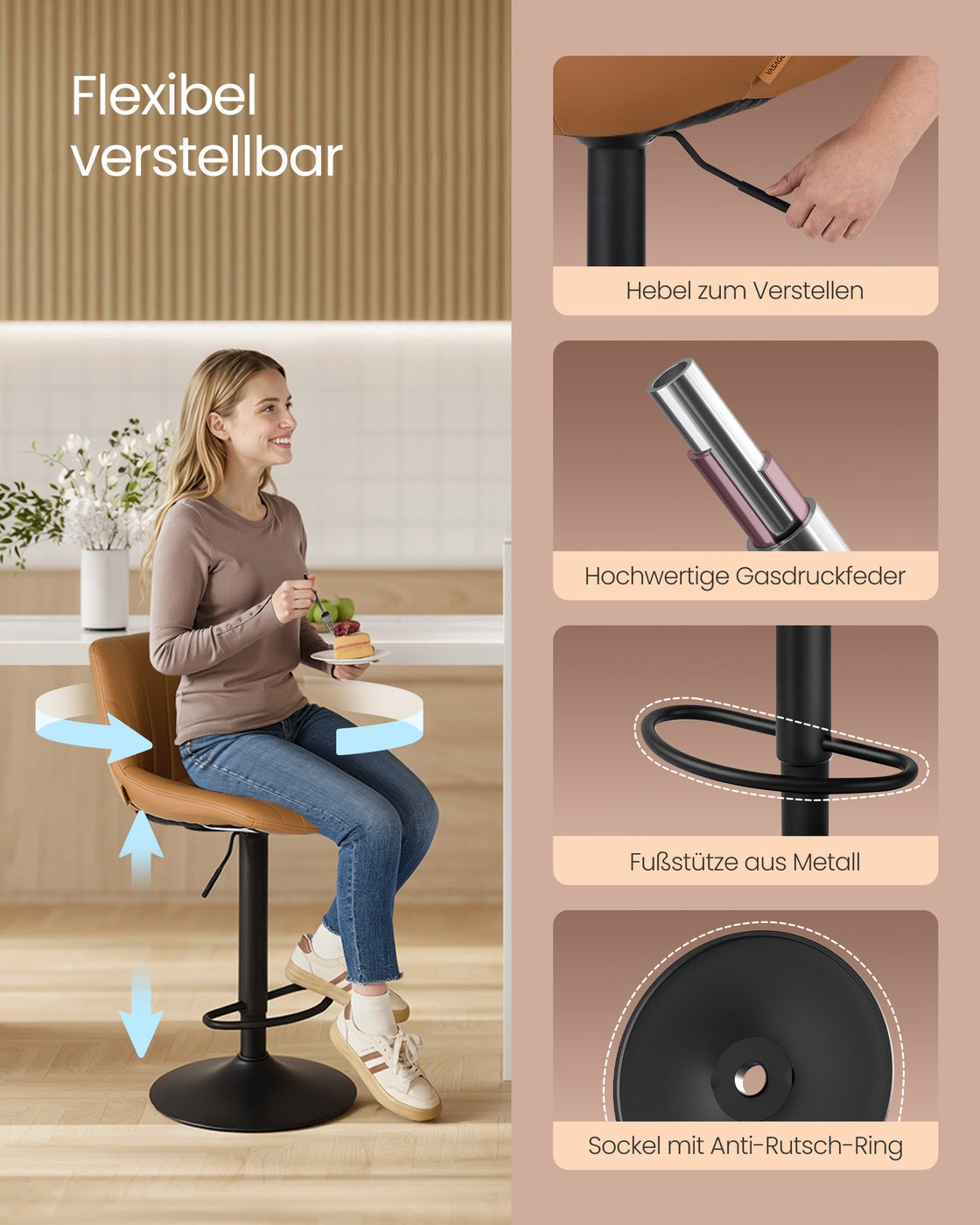 Barhocker-Set, 2er-Set – Höhenverstellbar & 360° drehbar – Mit Rückenlehne und Fußstütze