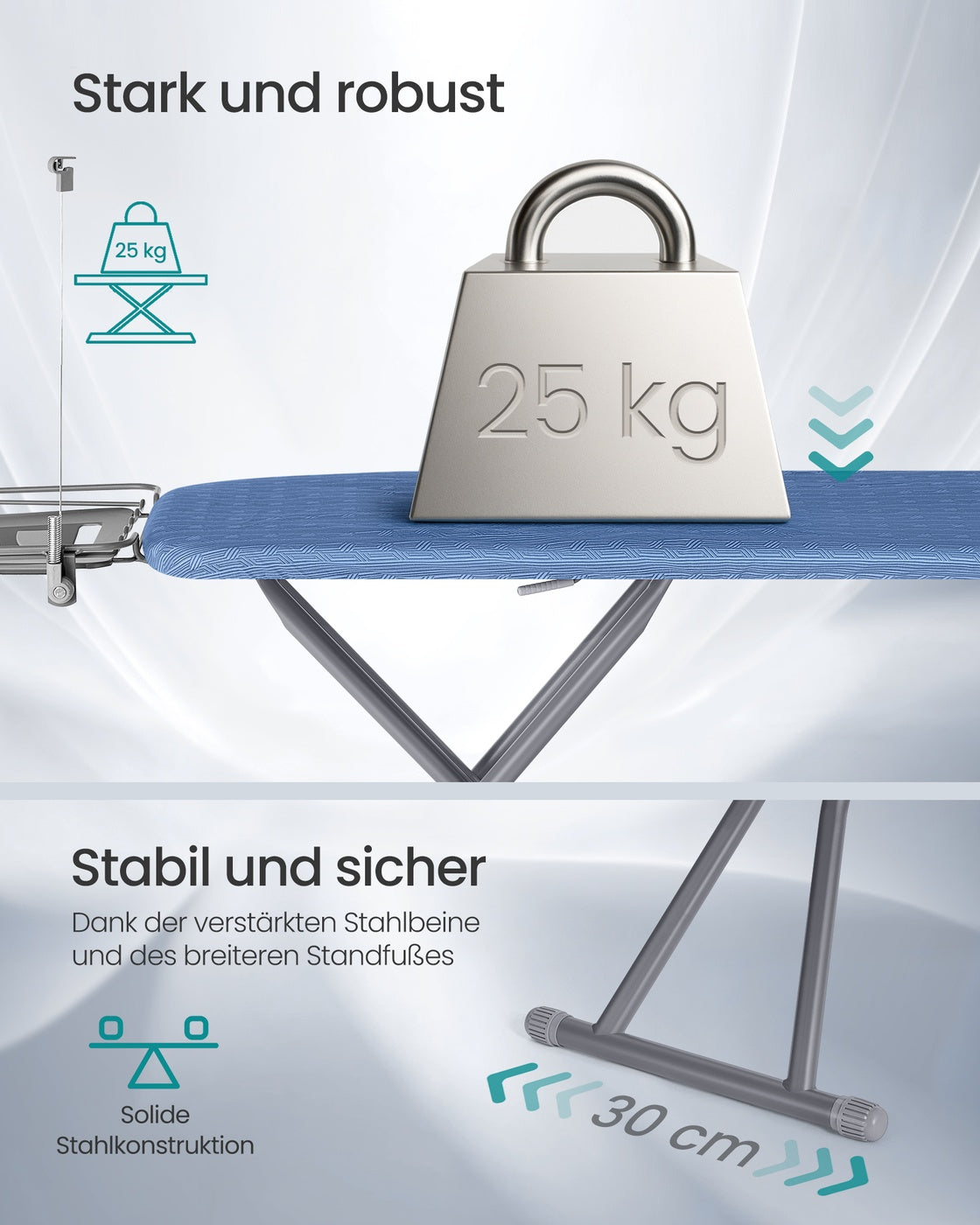 Bügelbrett Mit Bügeleisenablage - 7-Fach Höhenverstellbar - Mit Kleiderablage Und Kabelhalter