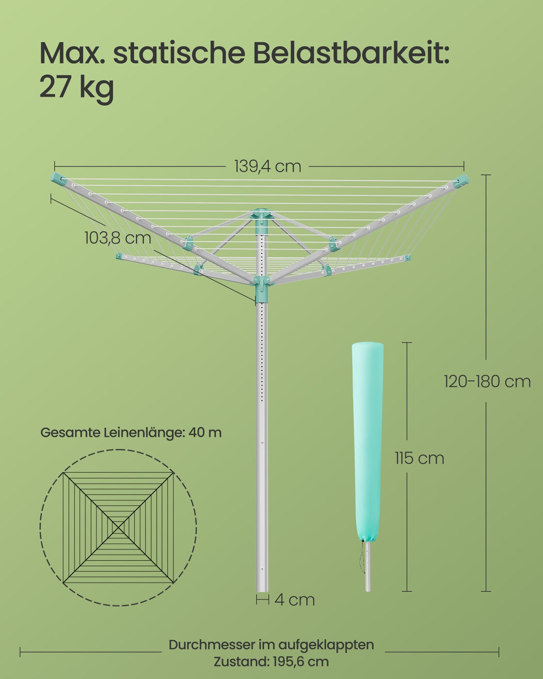 Wäschespinne Höhenverstellbar - 60 m Trockenleine Mit Bodenanker - Für 6 Waschladungen