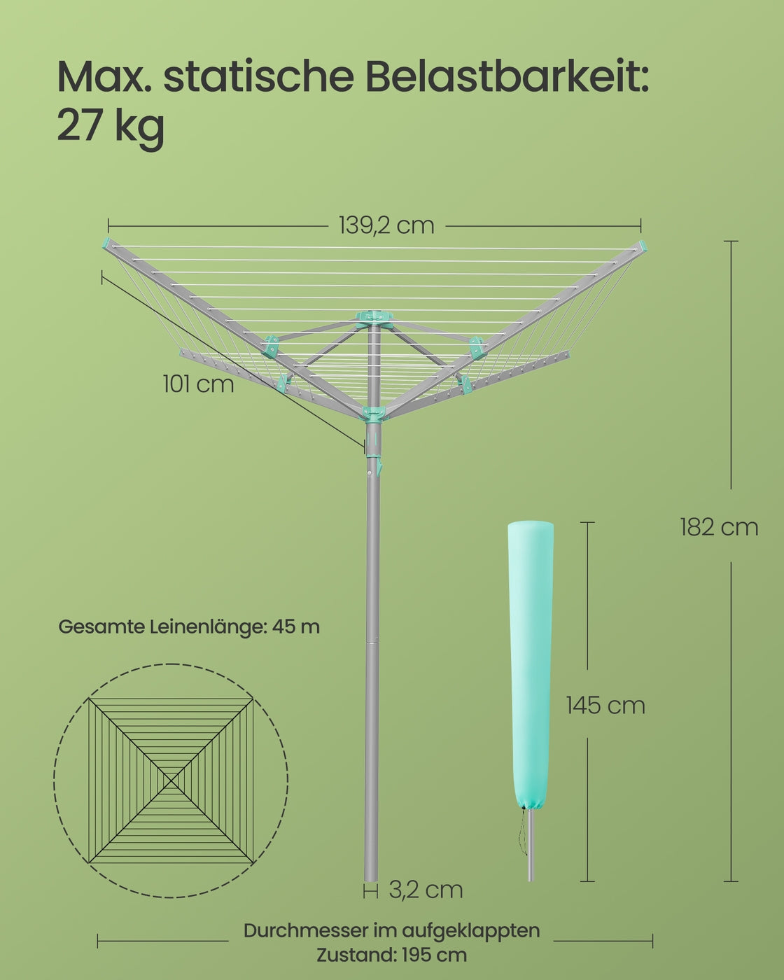 Wäschespinne Mit 45 Meter Leine - Wäschespinne Für 4 Waschladungen - Inklusive Schutzhülle