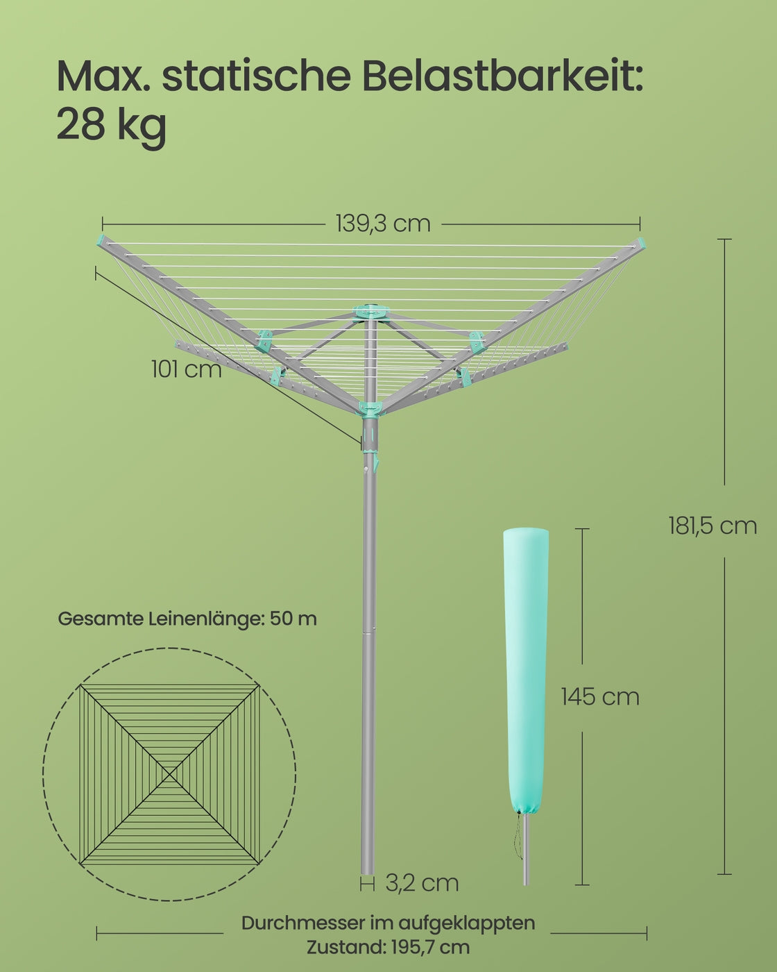 Wäschespinne Mit 50 Meter Leine - Wäschespinne Für 5 Waschladungen - Inklusive Schutzhülle