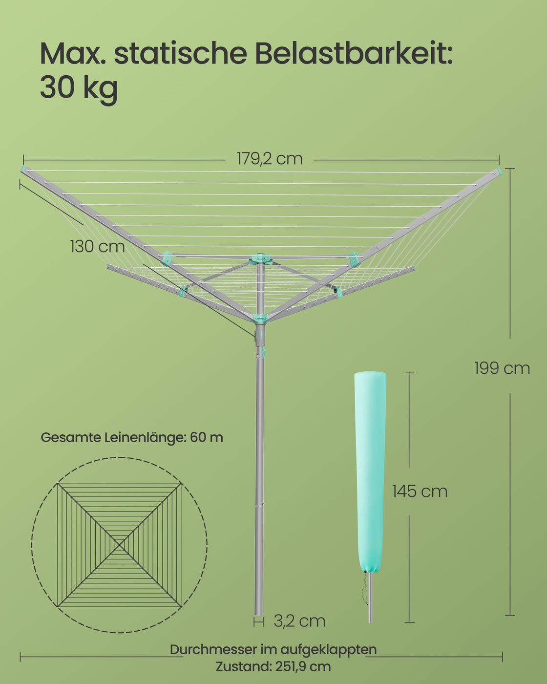Wäschespinne Mit Schutzhülle - 60 m Trockenleine Für 6 Waschladungen - Für Garten