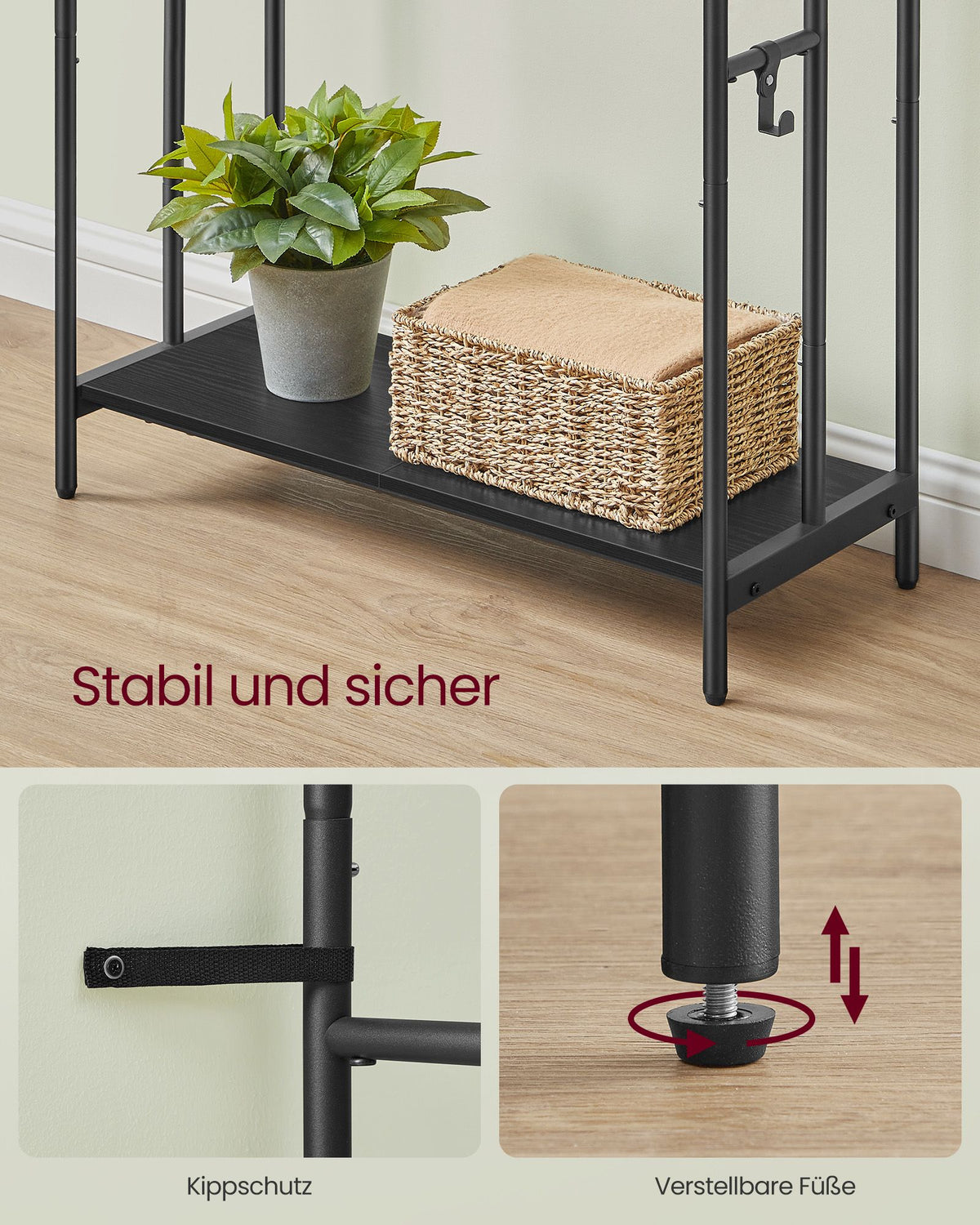 Freistehender Kleiderständer mit 3 Stangen und Ablage – Modernes Design – Stabil & Platzsparend