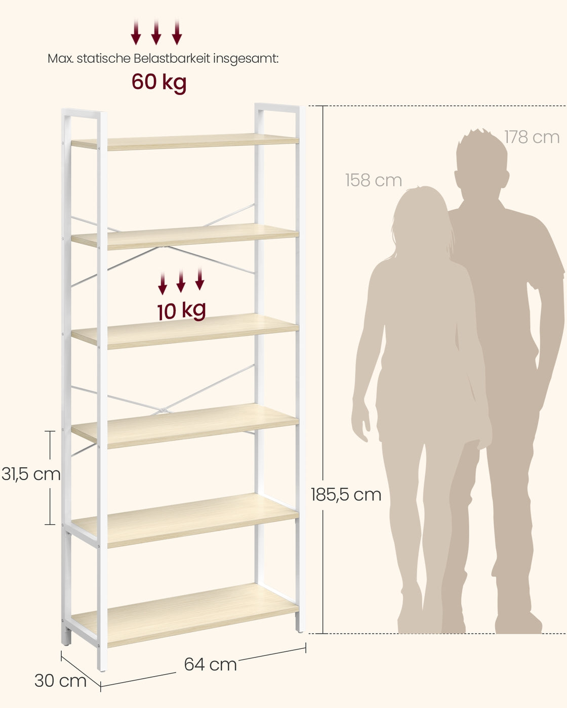 Bücherregal Mit 6 Ebenen - Stahlgestell - Für Wohnzimmer Schlafzimmer Oder Büro