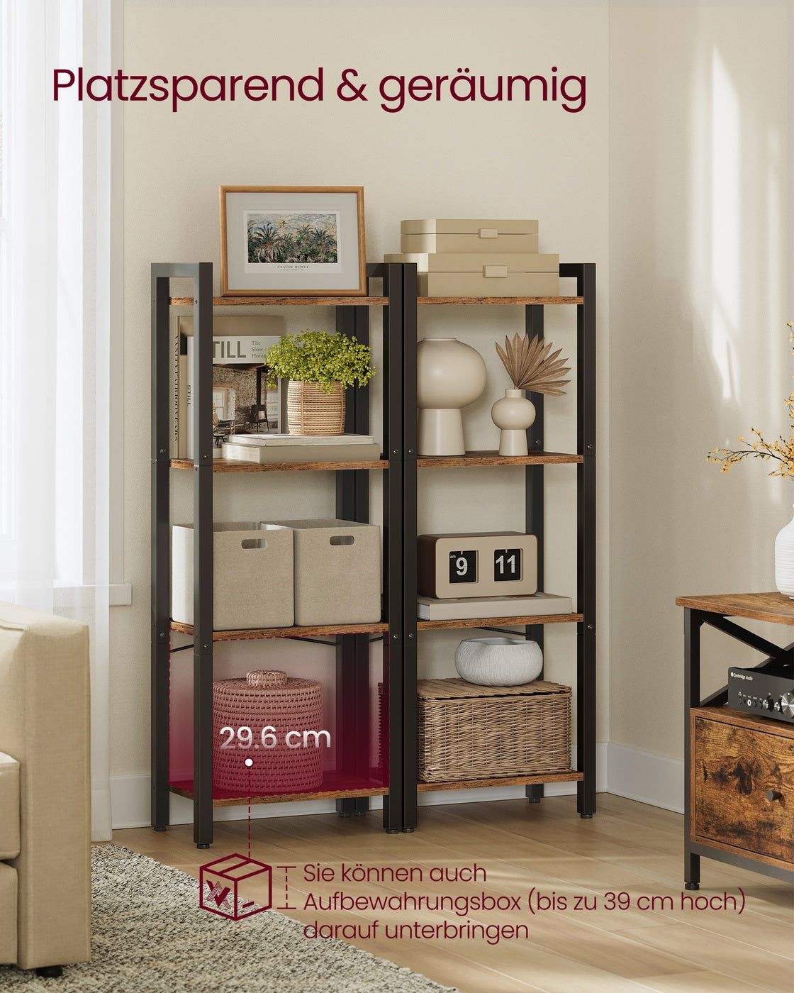Schmales Bücherregal Mit 4 Ebenen - Stahlrahmen - Für Wohnzimmer, Schlafzimmer Oder Flur
