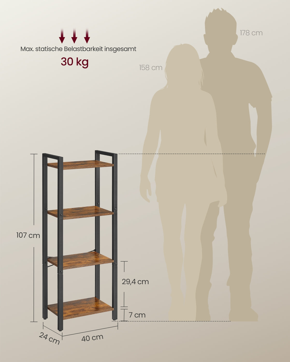 Schmales Bücherregal Mit 4 Ebenen - Stahlrahmen - Für Wohnzimmer, Schlafzimmer Oder Flur