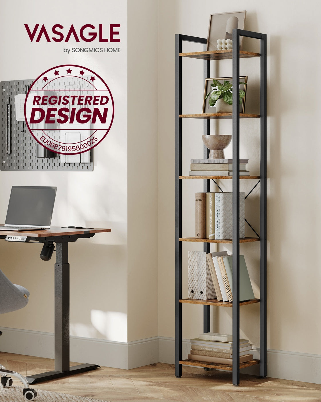 Bücherregal Industriedesign – 6 Ebenen – schmal 40 cm – schwarzer Metallrahmen mit Holzoptik – für Wohnzimmer & Büro
