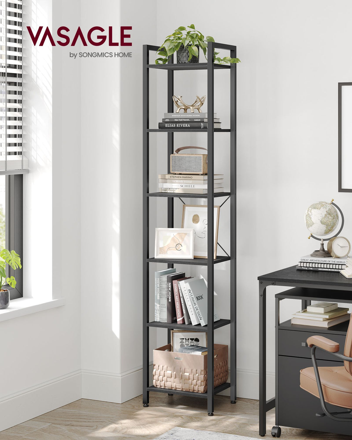 Bücherregal Industriedesign – 6 Ebenen – schmal 40 cm – schwarzer Metallrahmen mit Holzoptik – für Wohnzimmer & Büro