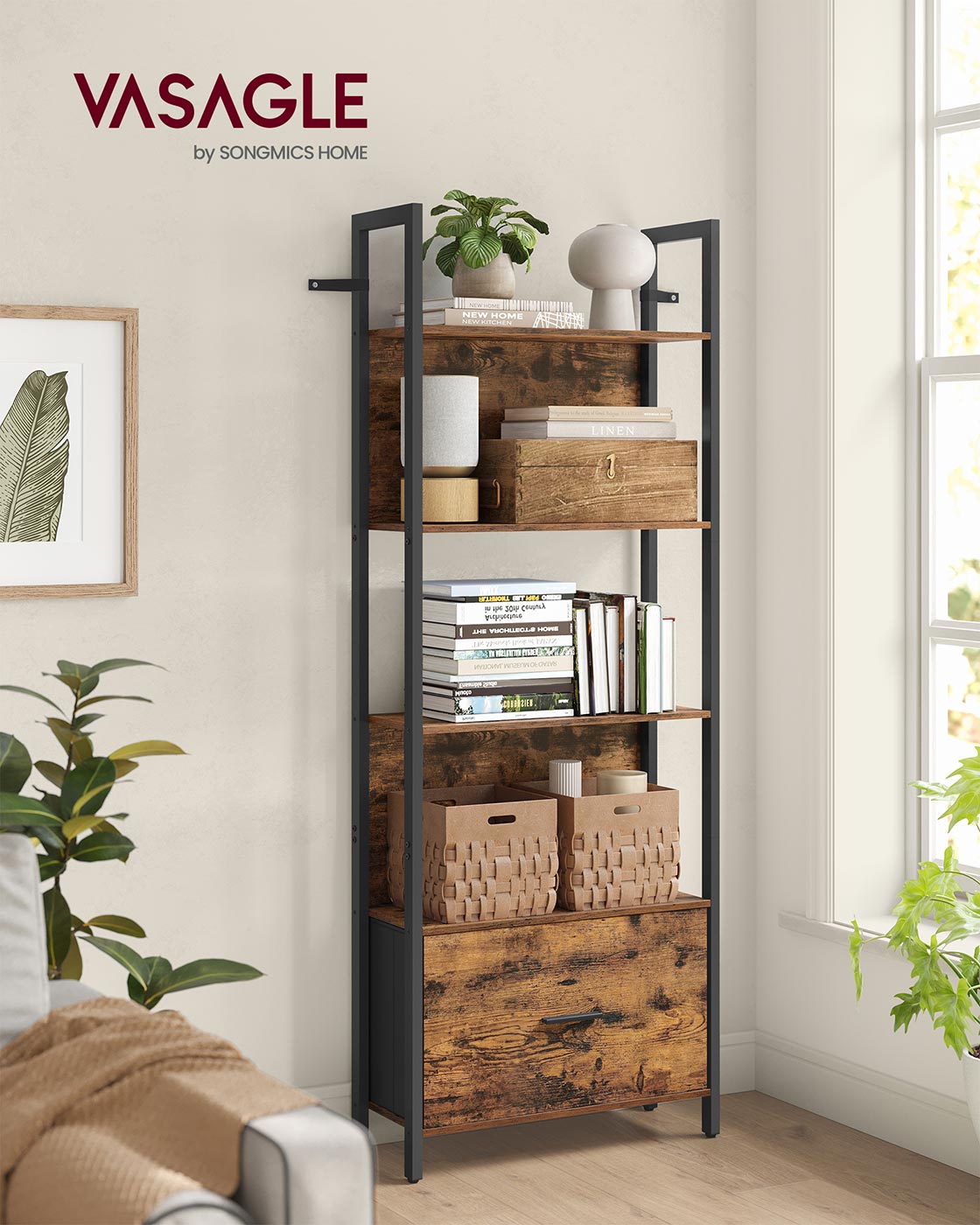 Bücherregal mit Schublade – Industrielles Leiterregal – Lagerschrank mit 5 Ebenen – 165 cm hoch