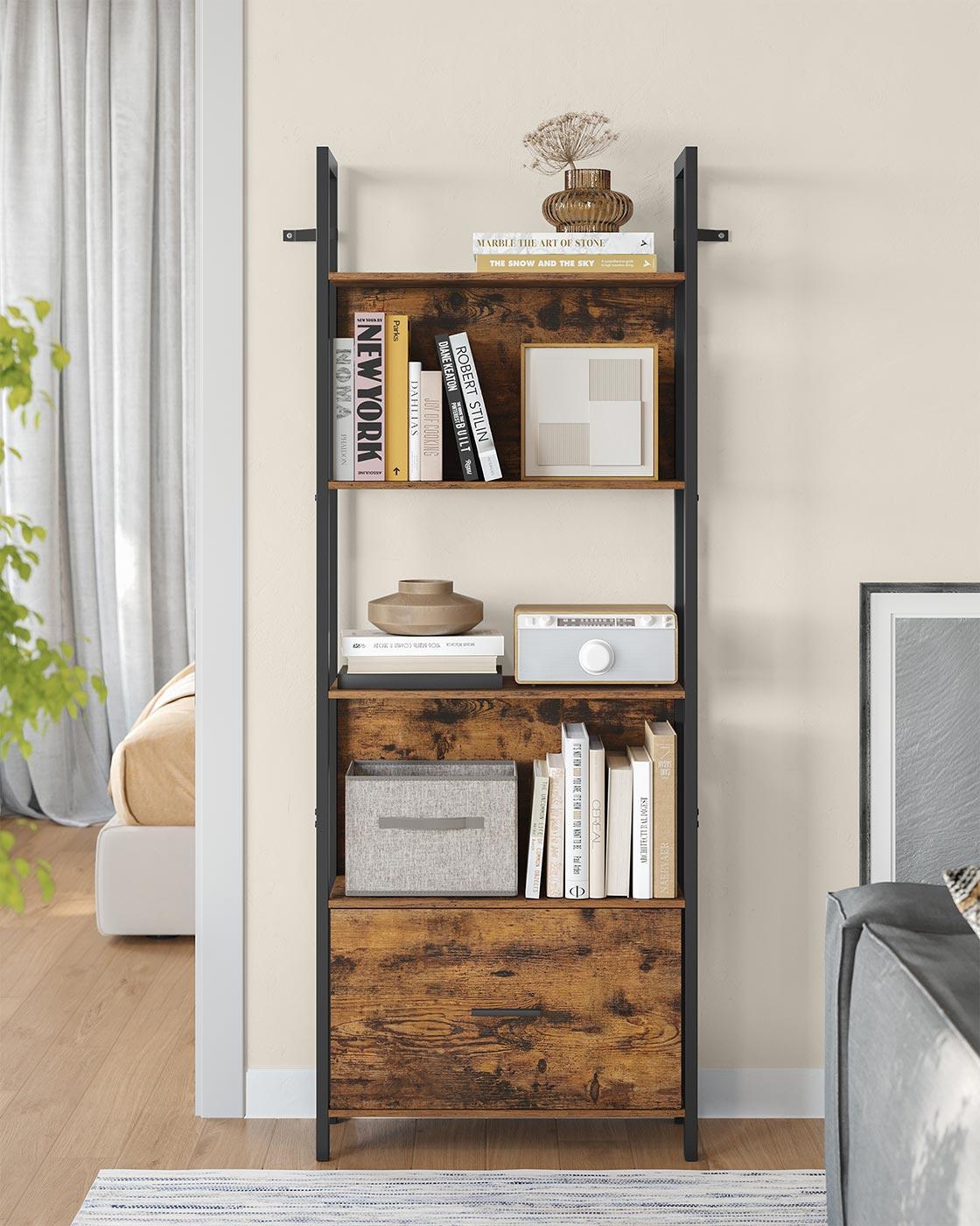 Bücherregal mit Schublade – Industrielles Leiterregal – Lagerschrank mit 5 Ebenen – 165 cm hoch