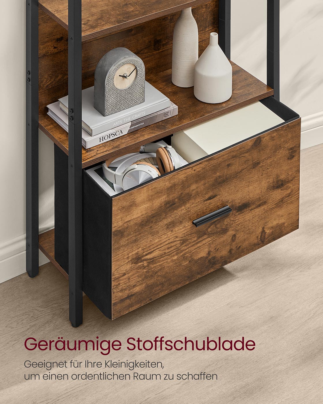 Bücherregal mit Schublade – Industrielles Leiterregal – Lagerschrank mit 5 Ebenen – 165 cm hoch
