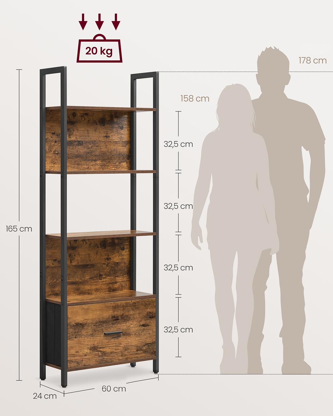Bücherregal mit Schublade – Industrielles Leiterregal – Lagerschrank mit 5 Ebenen – 165 cm hoch
