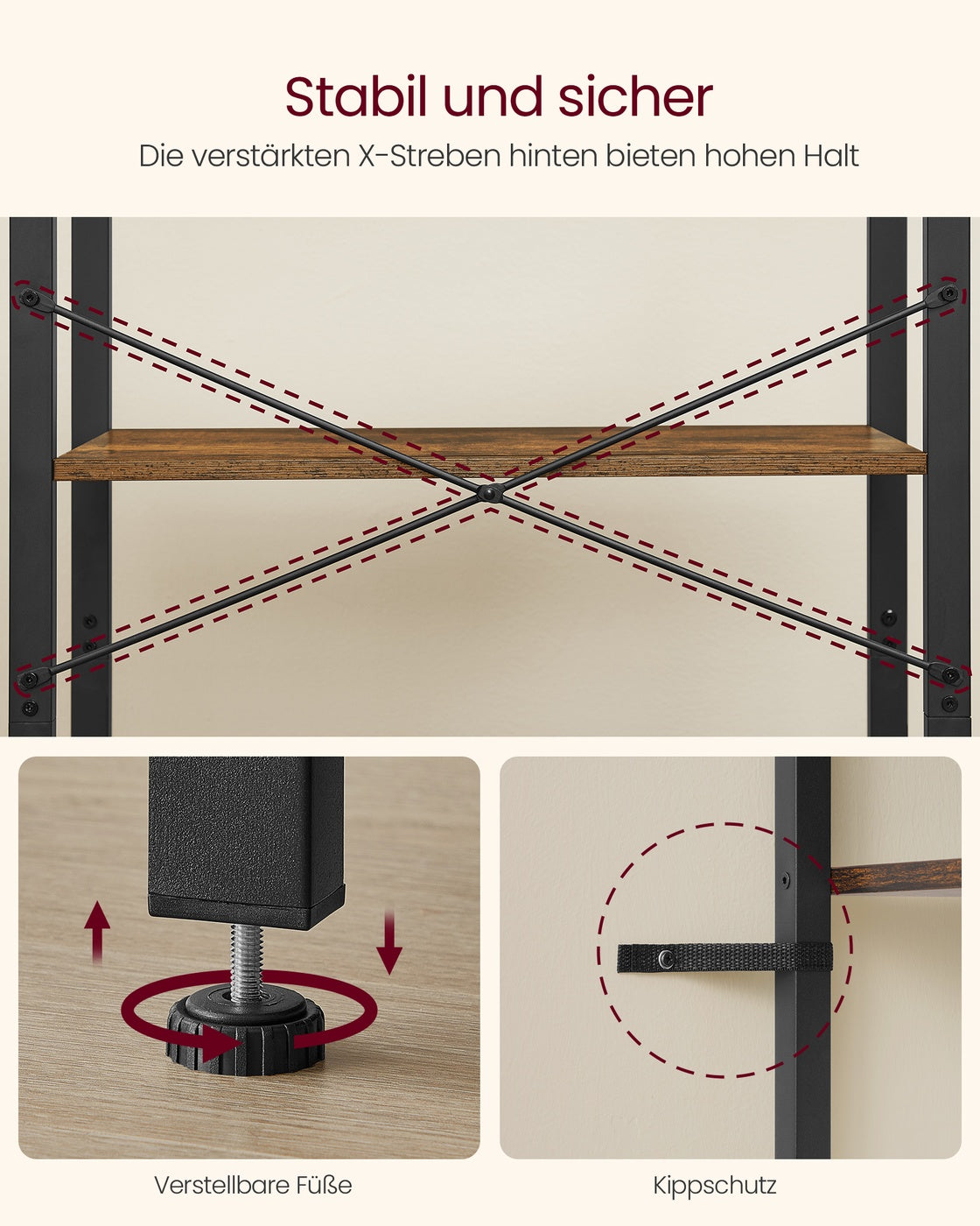 Bücherregal 4 Ebenen – Industrielles Aufbewahrungsregal – Offenes Wandregal 66 x 30 x 120 cm – ALINRU Kollektion
