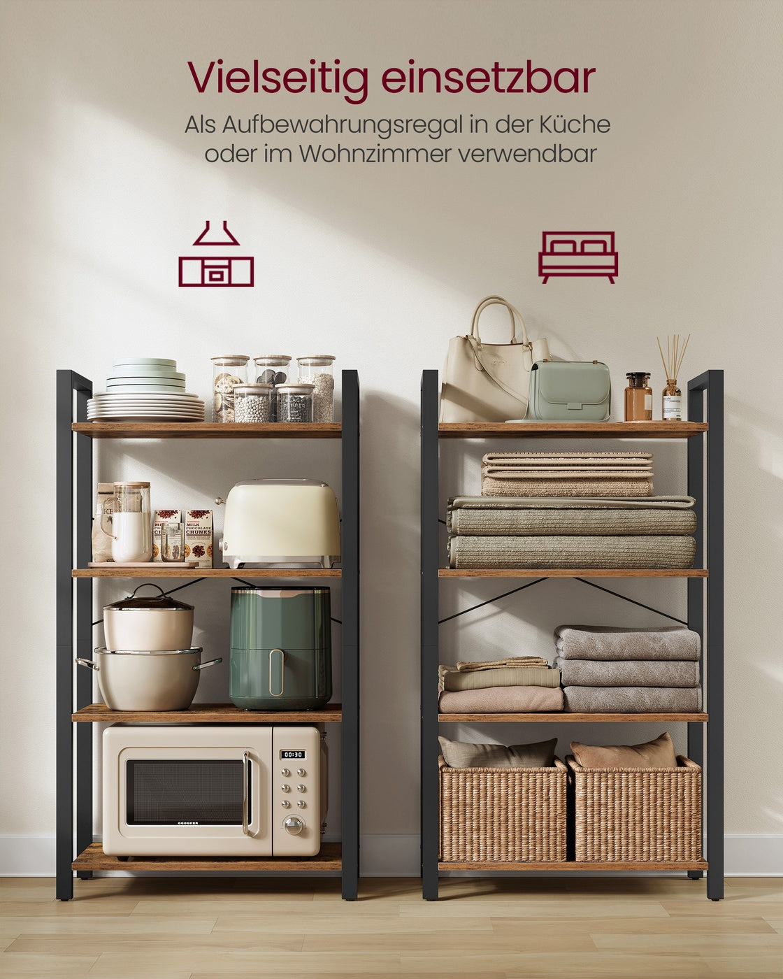 Bücherregal 4 Ebenen – Industrielles Aufbewahrungsregal – Offenes Wandregal 66 x 30 x 120 cm – ALINRU Kollektion
