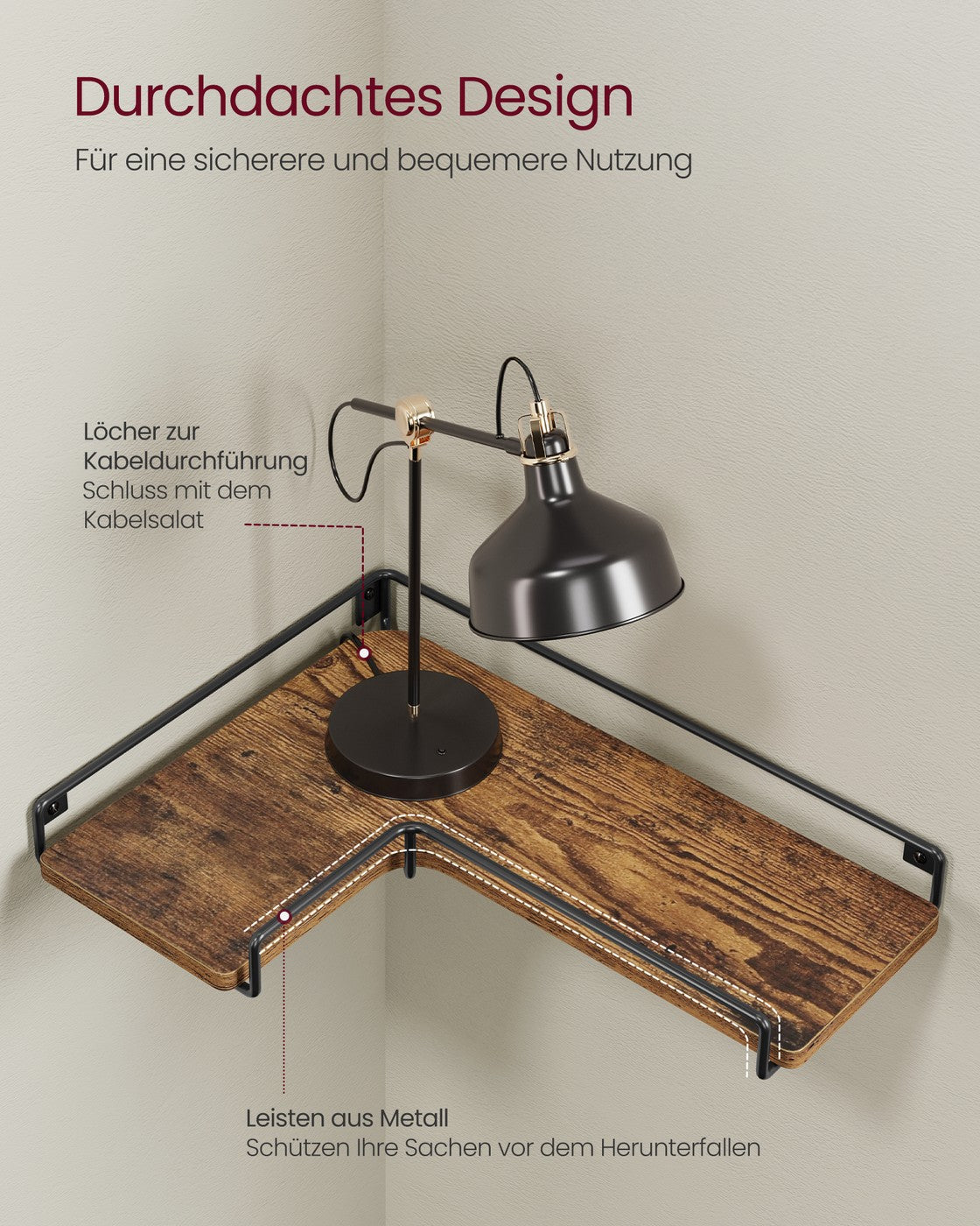 Wandregal Set - L-Förmig - Industrielles Design - Vintage Braun