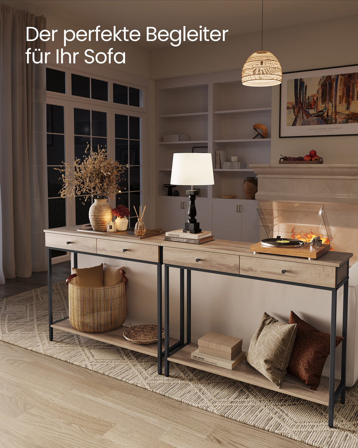 Konsolentisch mit Schubladen – Industriedesign – 100 cm breit – Vintage-Braun und Schwarzstahl