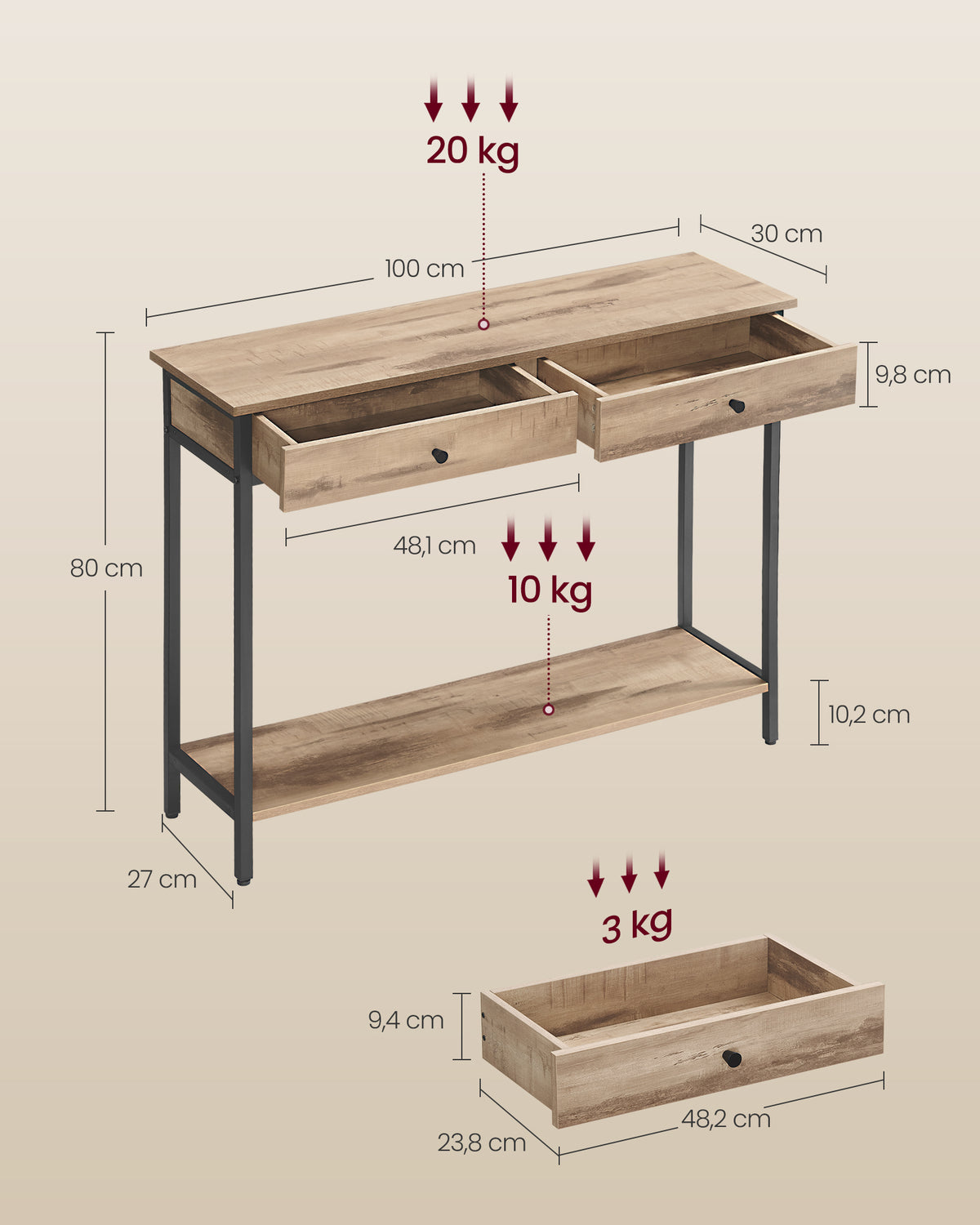 Konsolentisch mit Schubladen – Industriedesign – 100 cm breit – Vintage-Braun und Schwarzstahl