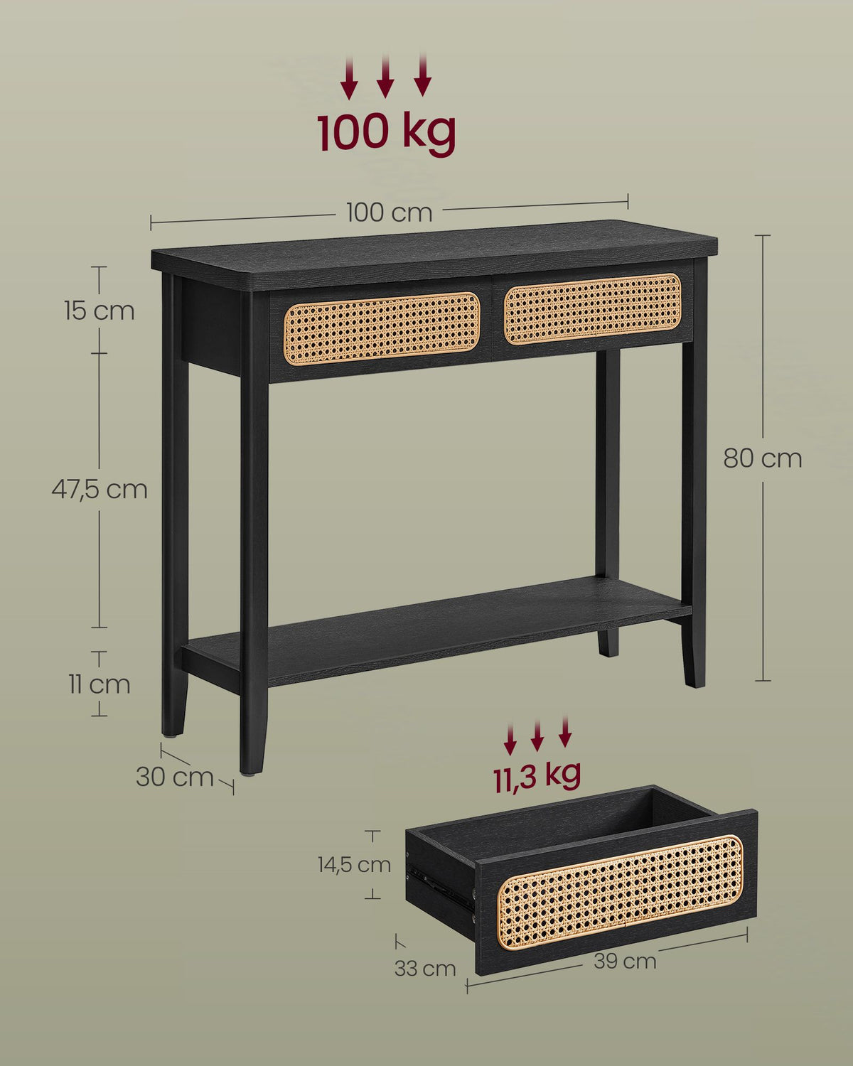 Konsolentisch mit Schubladen und Rattanfront – BOHO Wandtisch – Modernes Design – 100 cm breit