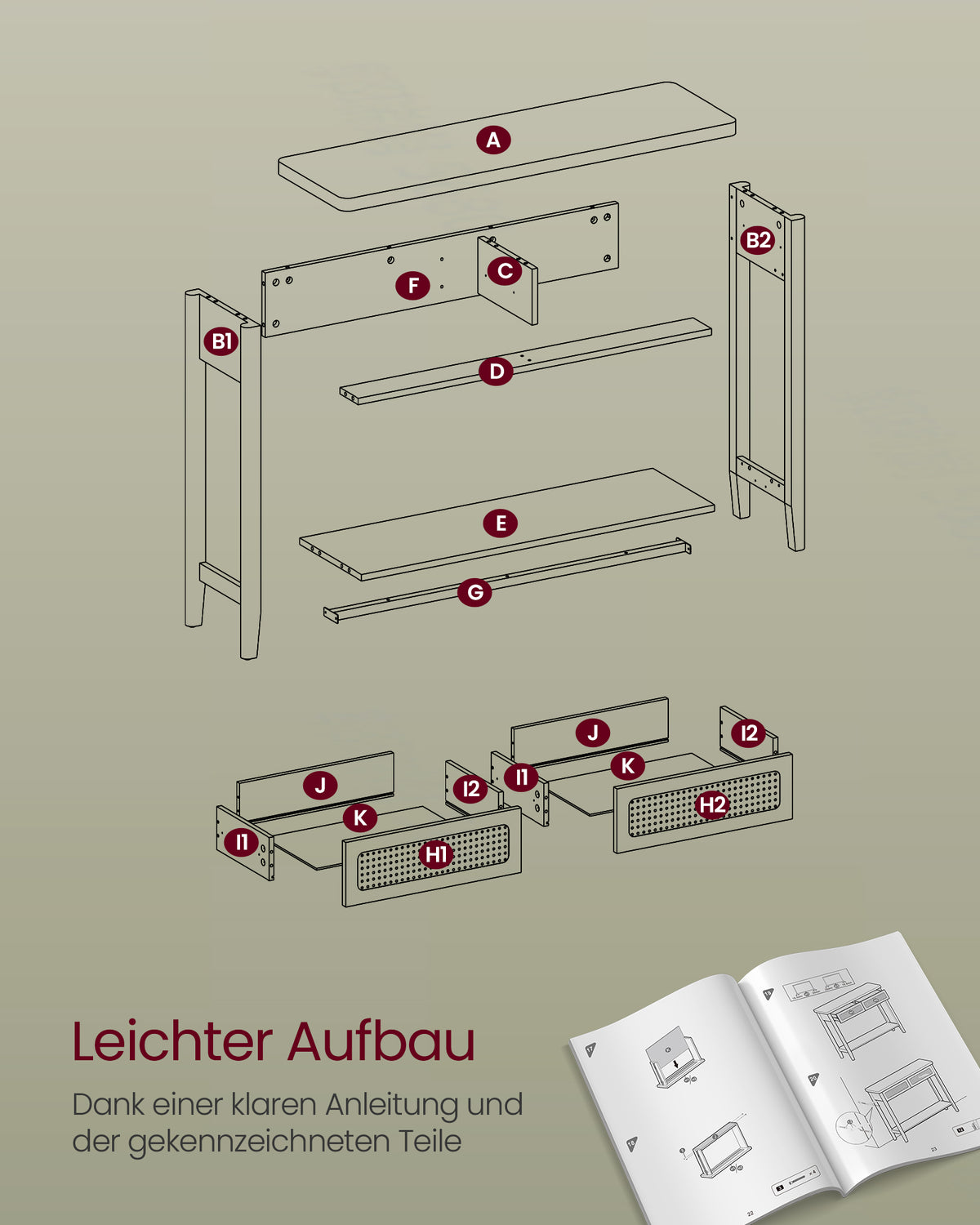 Konsolentisch mit Schubladen und Rattanfront – BOHO Wandtisch – Modernes Design – 100 cm breit