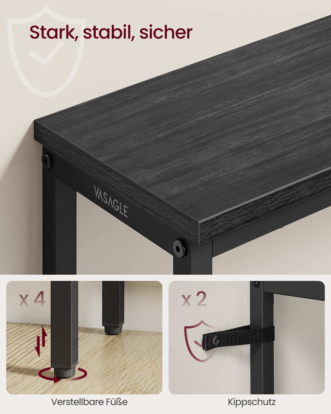 Schmaler Konsolentisch - Stahlrahmen Mit Holzplatte - Kippschutz-System