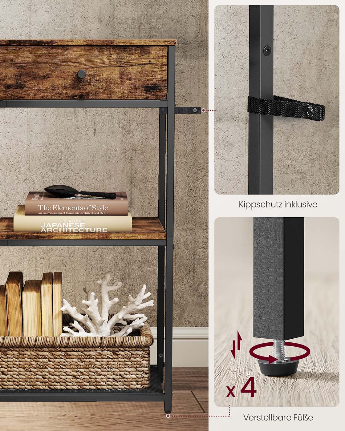 Industrielles Sideboard mit Schubladen – Schmaler Konsolentisch – Schuhregal und Staufächer