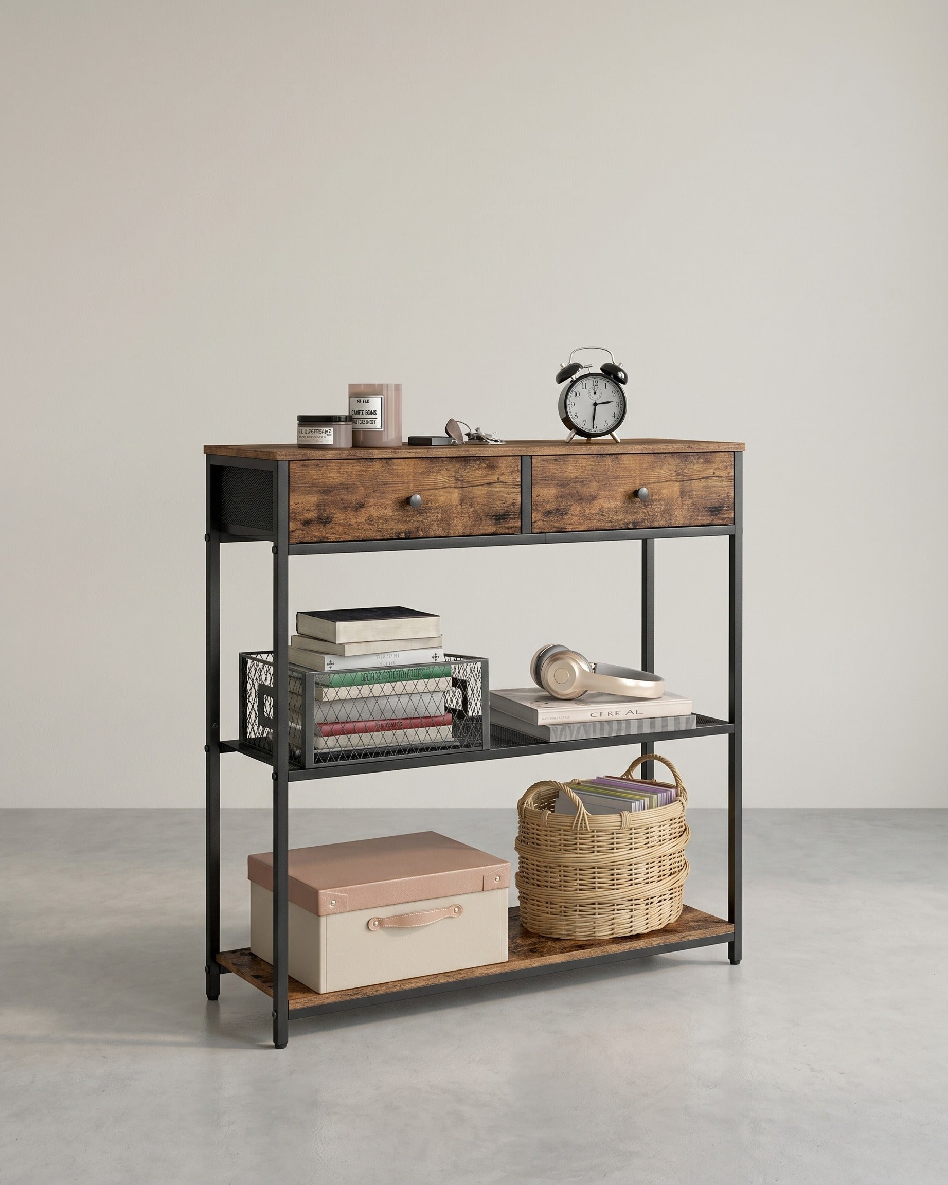 Industrielles Sideboard mit Schubladen – Schmaler Konsolentisch – Schuhregal und Staufächer – Braun
