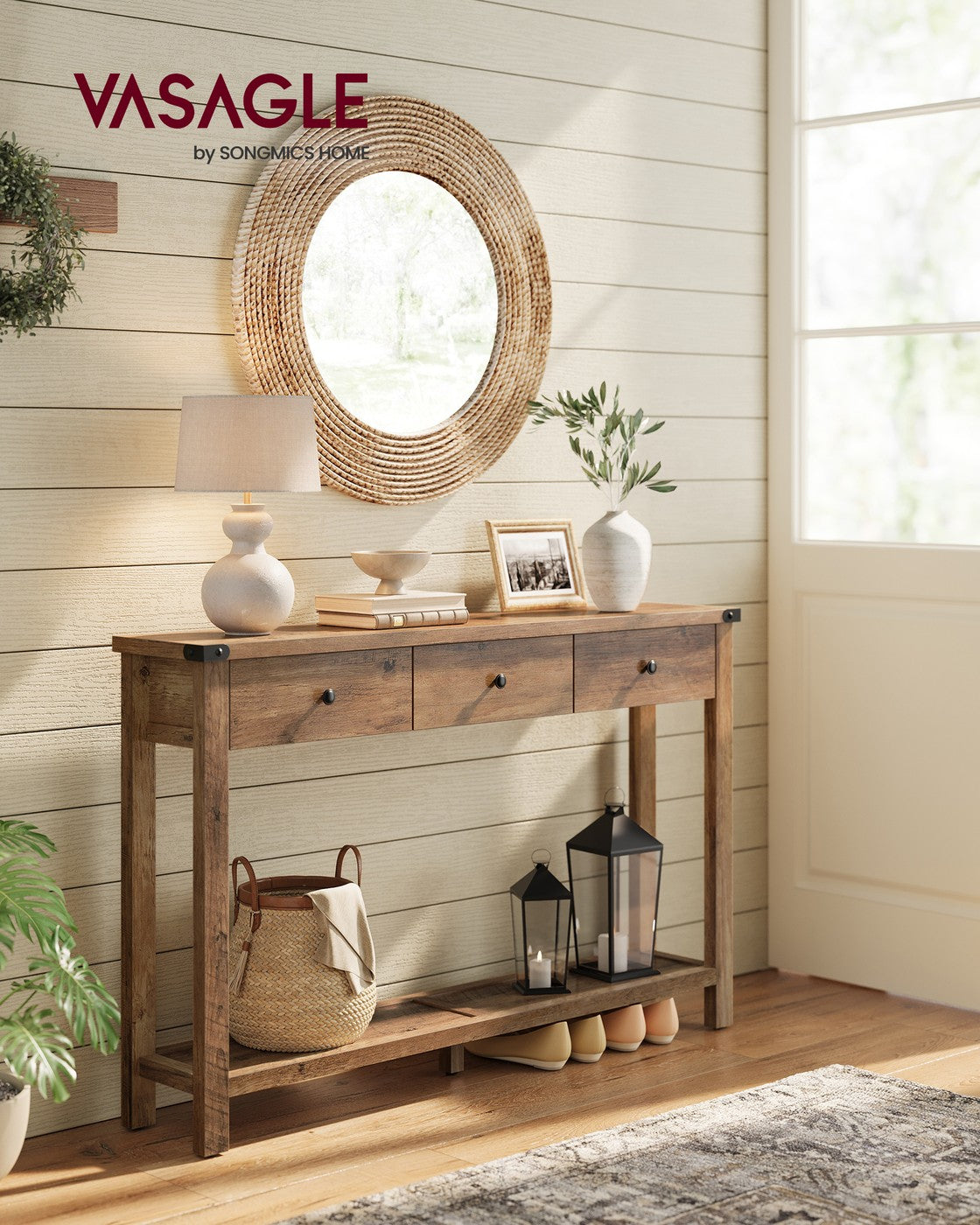 Wandtisch im Landhausstil – mit 3 Schubladen und offenem Fach – Massivholz – rustikaler Stil – Honigbraun