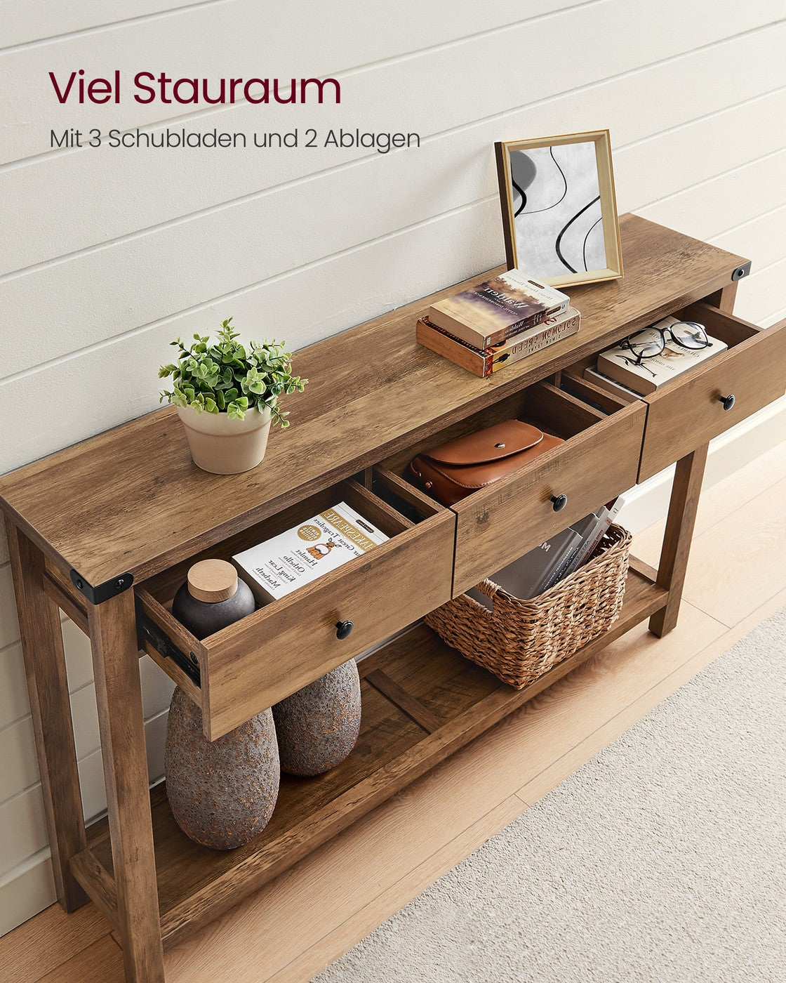 Wandtisch im Landhausstil – mit 3 Schubladen und offenem Fach – Massivholz – rustikaler Stil – Honigbraun