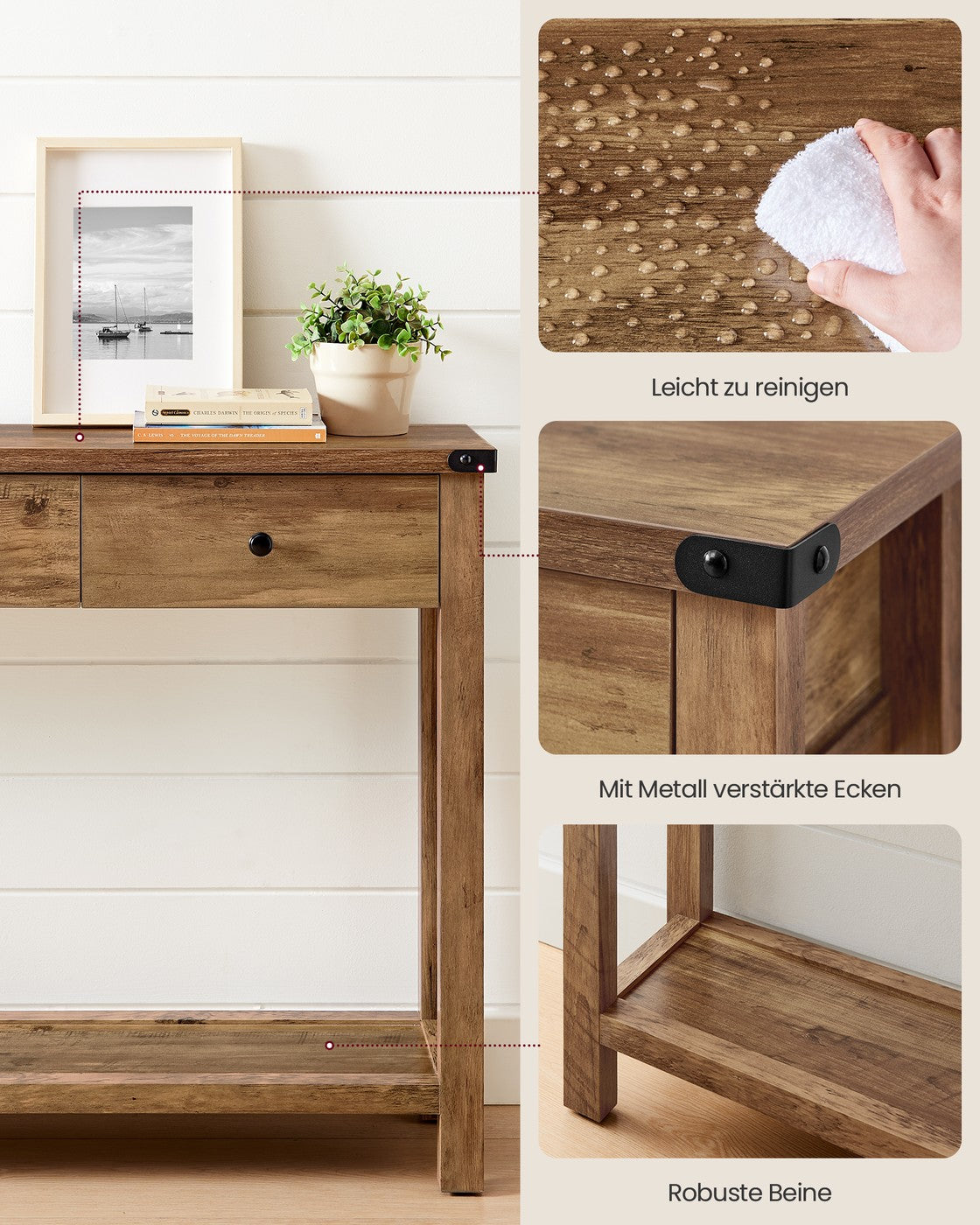 Wandtisch im Landhausstil – mit 3 Schubladen und offenem Fach – Massivholz – rustikaler Stil – Honigbraun