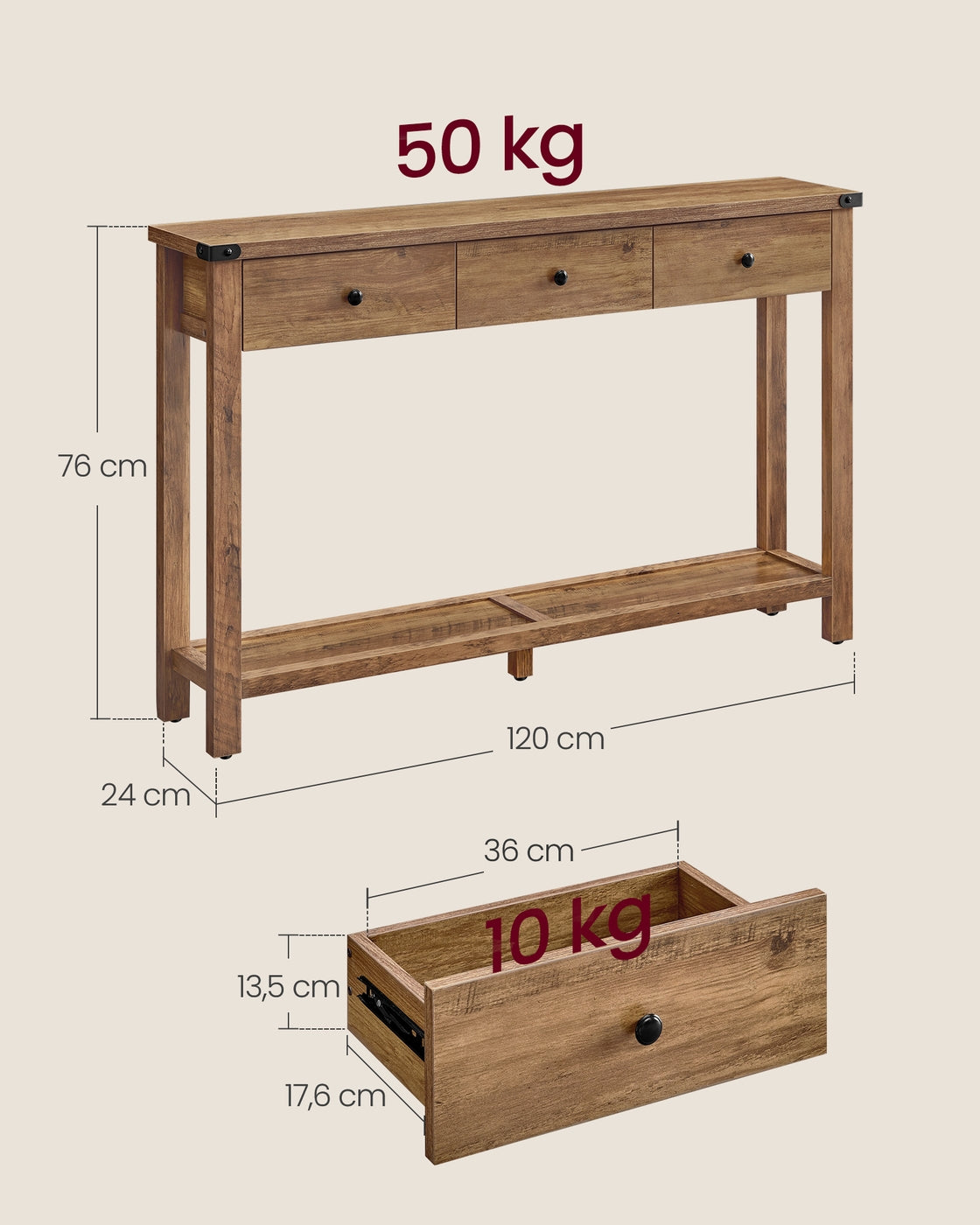 Wandtisch im Landhausstil – mit 3 Schubladen und offenem Fach – Massivholz – rustikaler Stil – Honigbraun