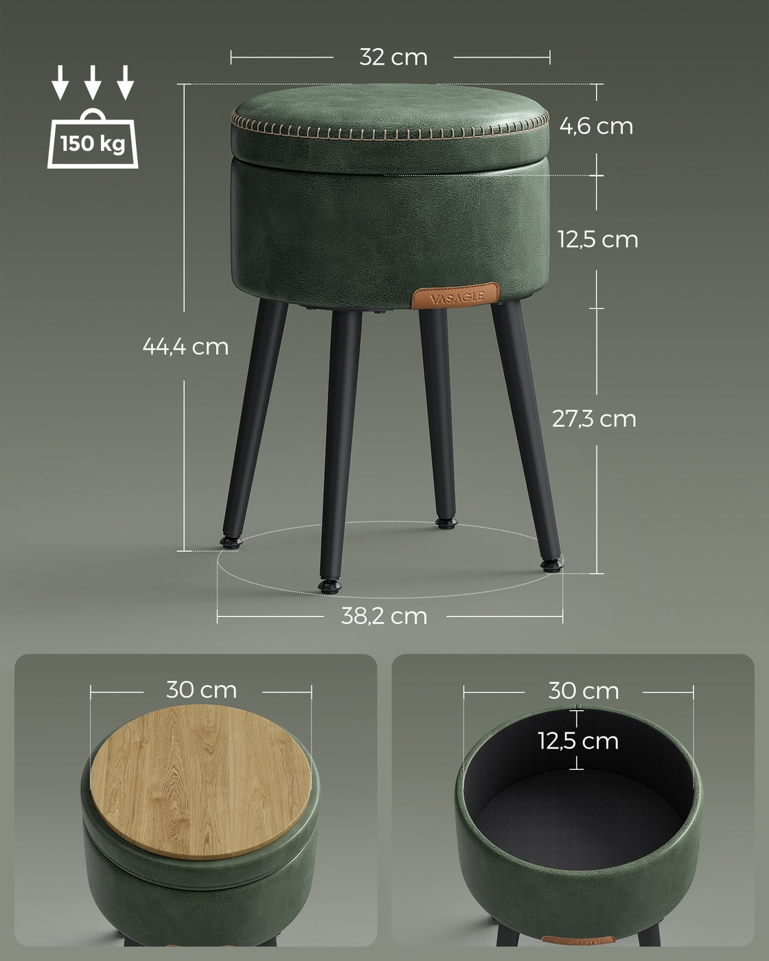 Runder Aufbewahrungshocker – Mit Deckel & Stauraum – 44 cm hoch – Bis zu 150 kg belastbar – EKHO Kollektion