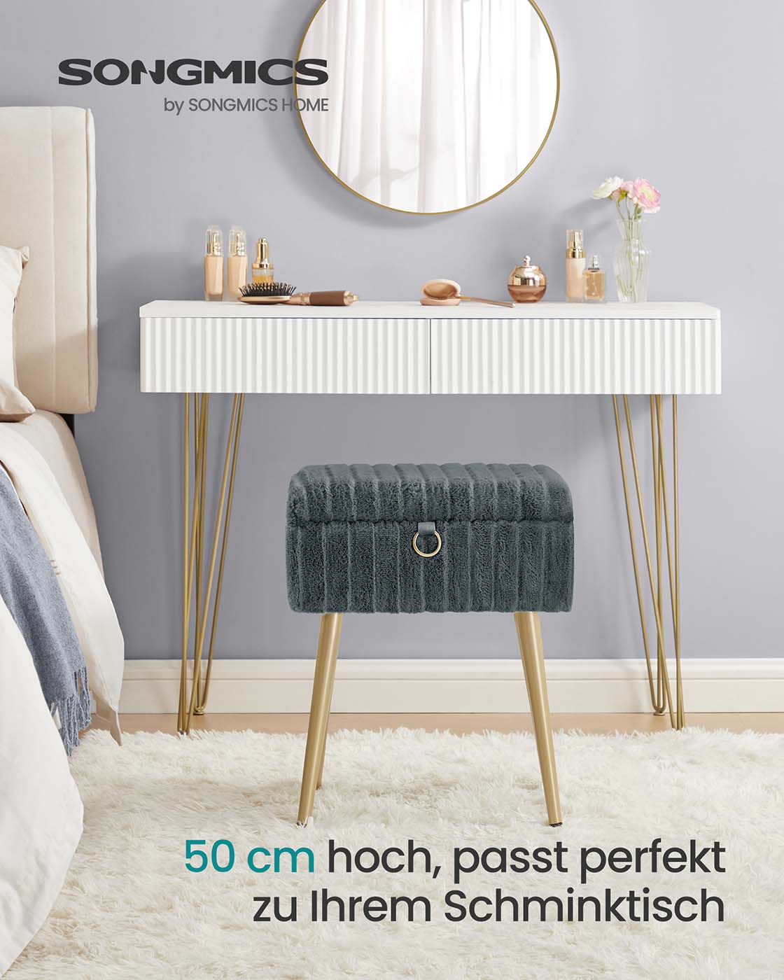 Aufbewahrungshocker – Mit weichem Samtbezug – Herausnehmbare Trennwand – Tragkraft 200 kg – Ideal für Schminktisch oder Schlafzimmer
