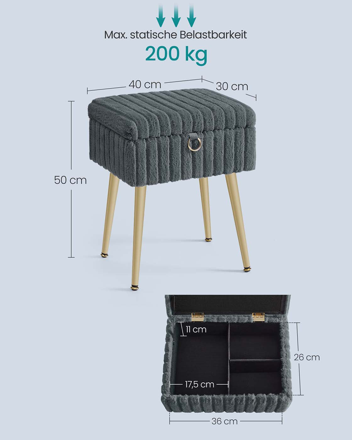 Aufbewahrungshocker – Mit weichem Samtbezug – Herausnehmbare Trennwand – Tragkraft 200 kg – Ideal für Schminktisch oder Schlafzimmer