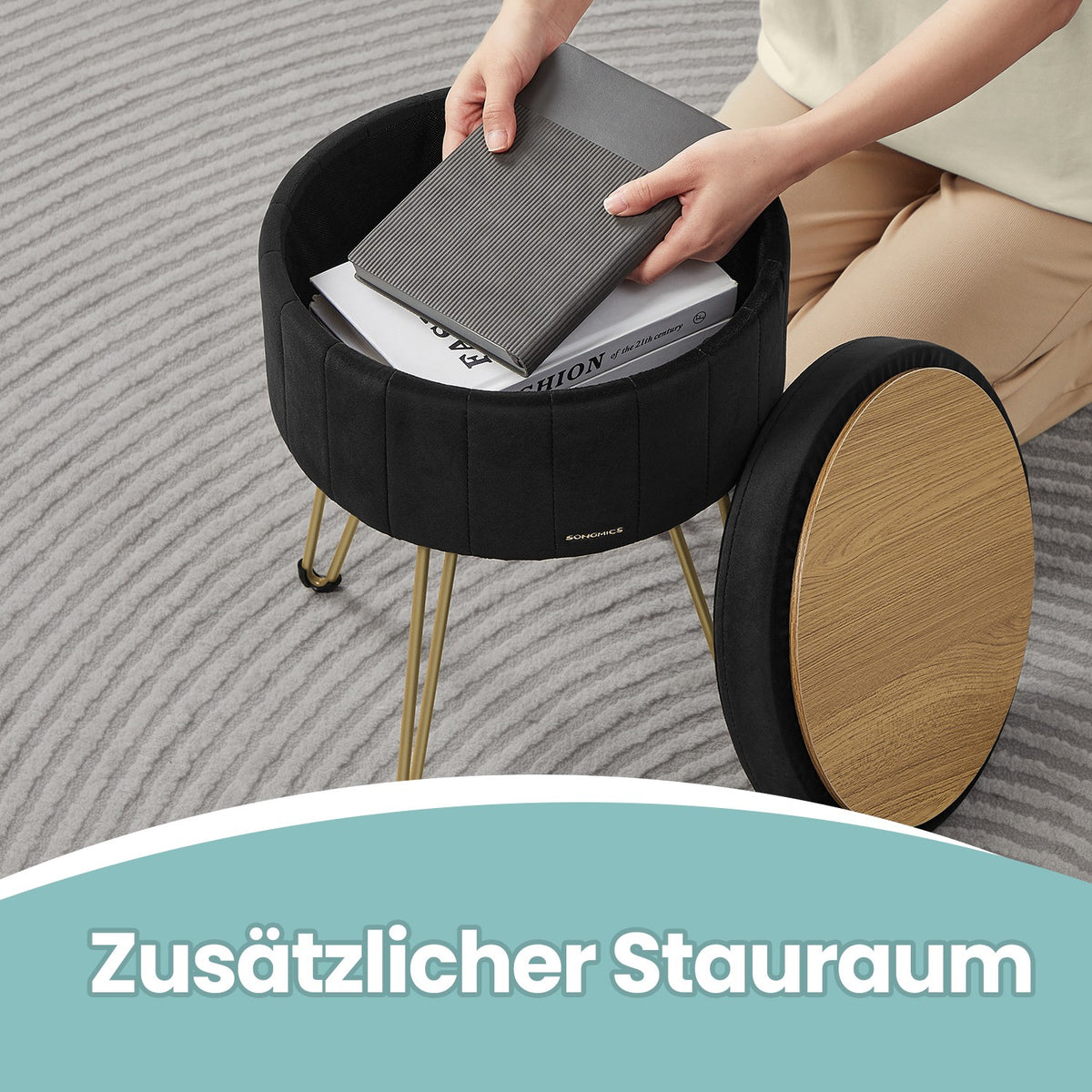 Runder Samthocker mit Stauraum – Mit Deckel als Tischplatte – Ø39 cm – Bis 136 kg belastbar