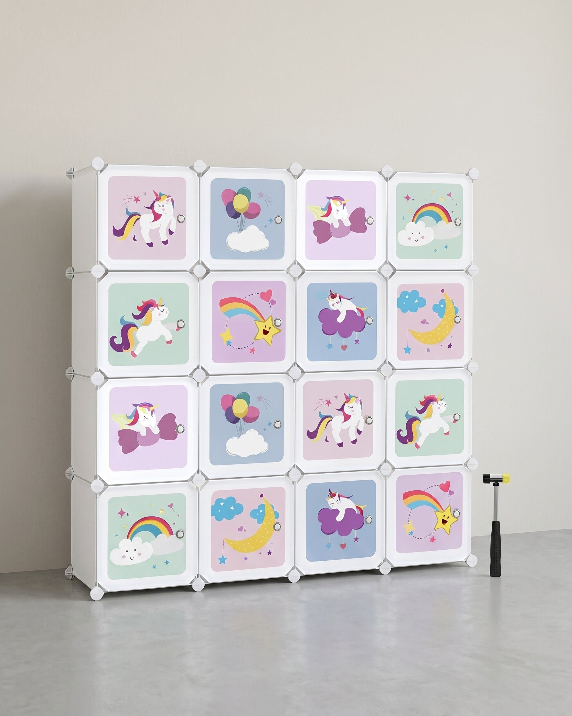 Kinder Bücherregal mit 16 Würfeln – Aufbewahrungsschrank mit Türen – 123 x 31 x 123 cm – Märchendesign