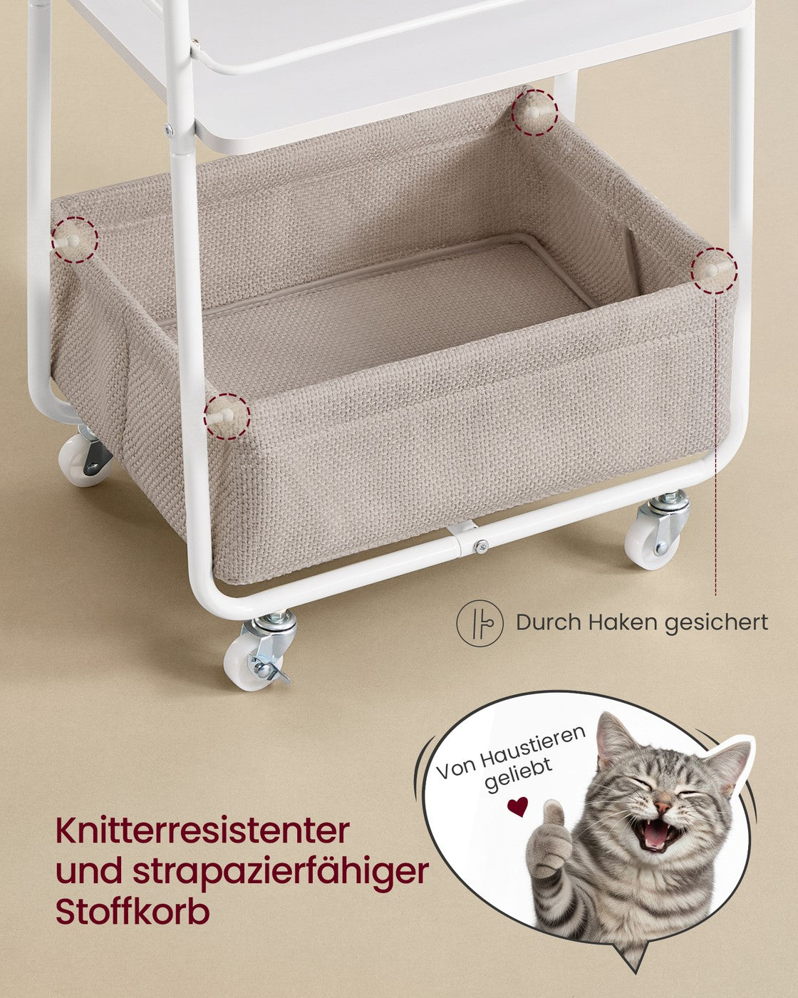 Trolley Mit 3 Ebenen - Fahrbar Mit Stoffkorb - Für Küche Und Badezimmer