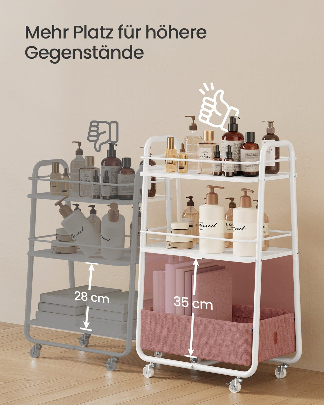 Trolley Mit 3 Ebenen - Fahrbar Mit Stoffkorb - Für Küche Und Badezimmer