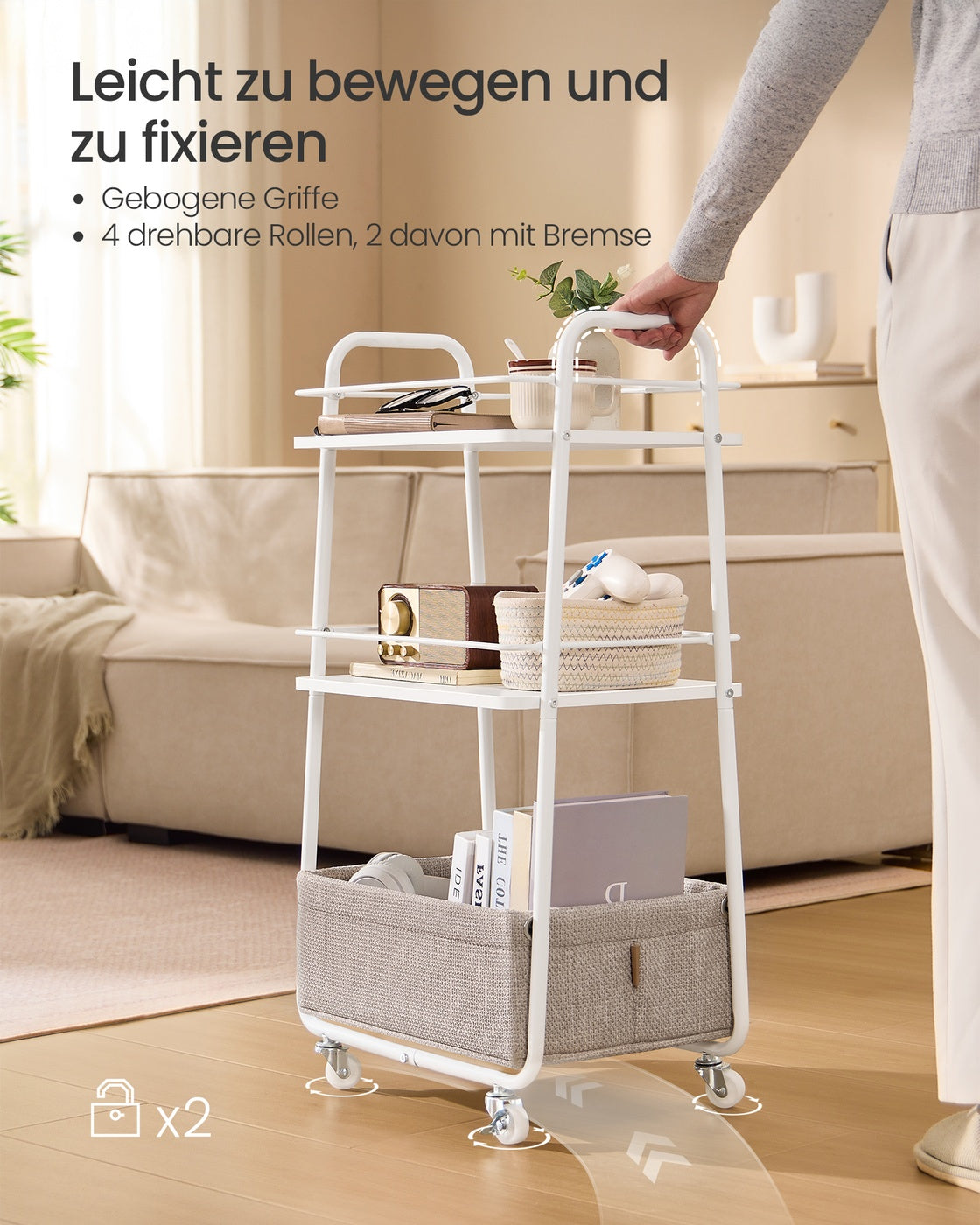 Trolley Mit 3 Ebenen - Fahrbar Mit Stoffkorb - Für Küche Und Badezimmer