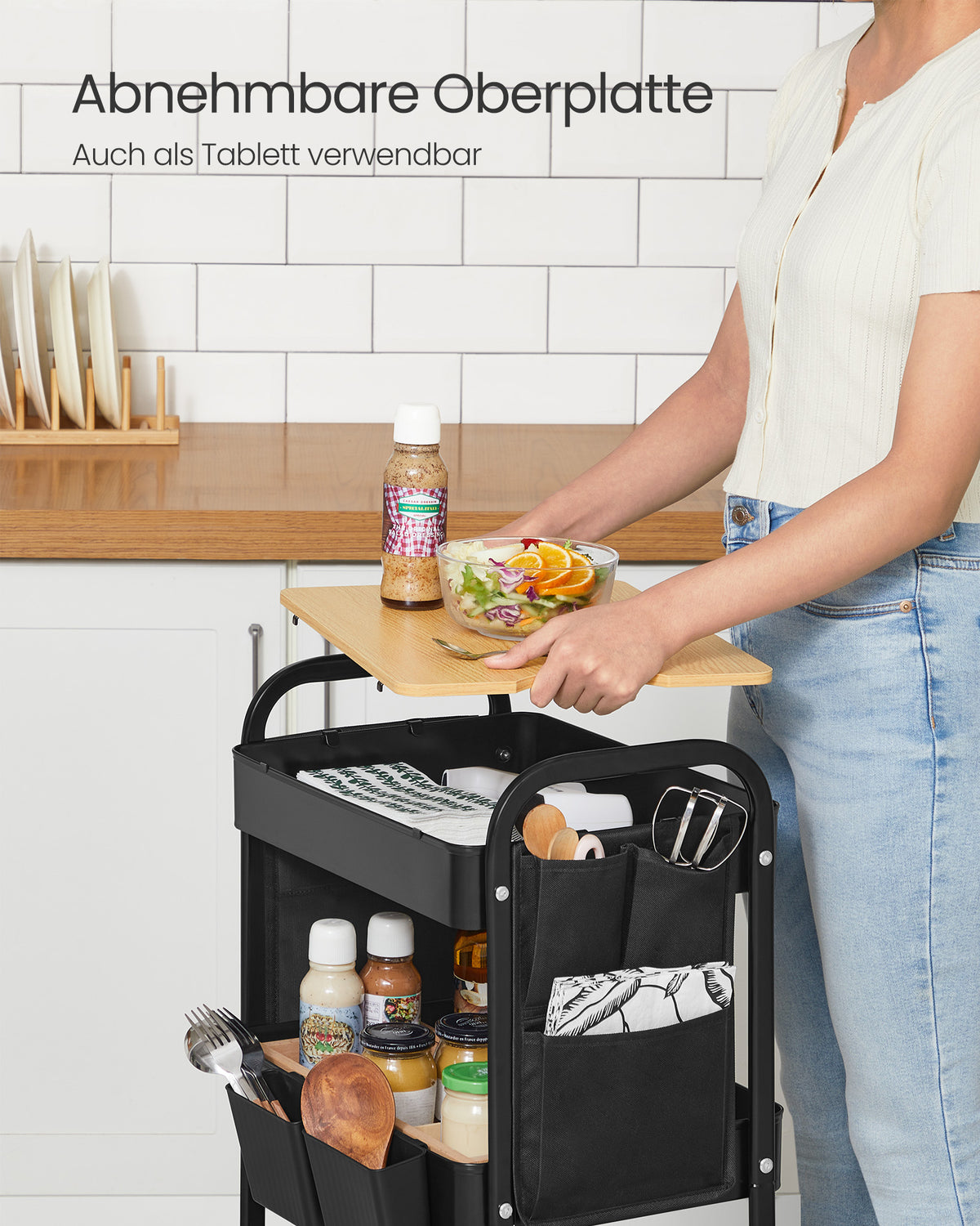 Servierwagen – 3 Drahtablagen – 2 abnehmbare Hängekörbe – Stahl – 30,6 x 44,3 x 74,2 cm – 3,8 kg – Tragkraft 30 kg