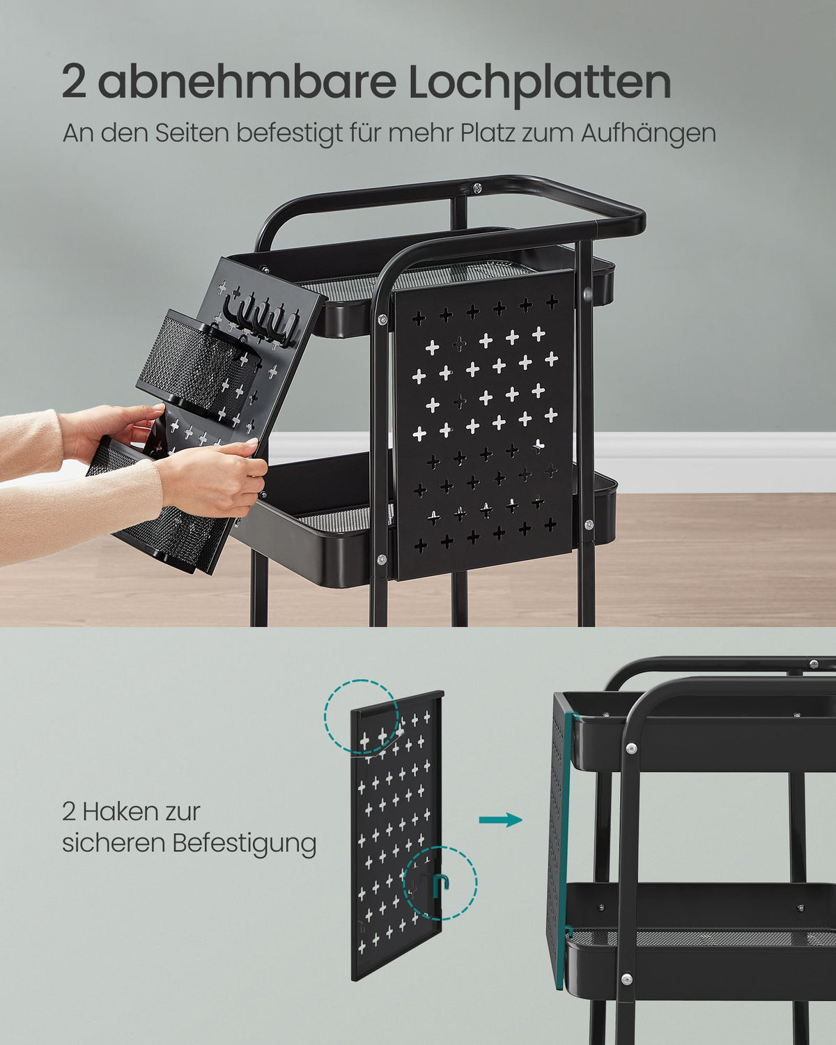 Servierwagen – 3 Metallgitterablagen – 2 abnehmbare Pinnwände – 4 Haken – Stahl