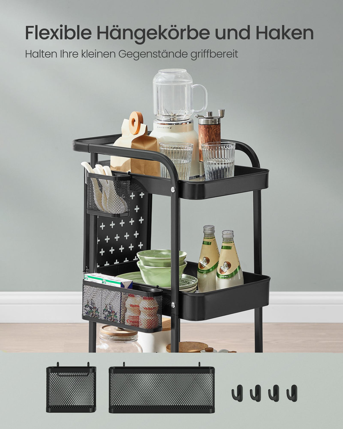 Servierwagen – 3 Metallgitterablagen – 2 abnehmbare Pinnwände – 4 Haken – Stahl