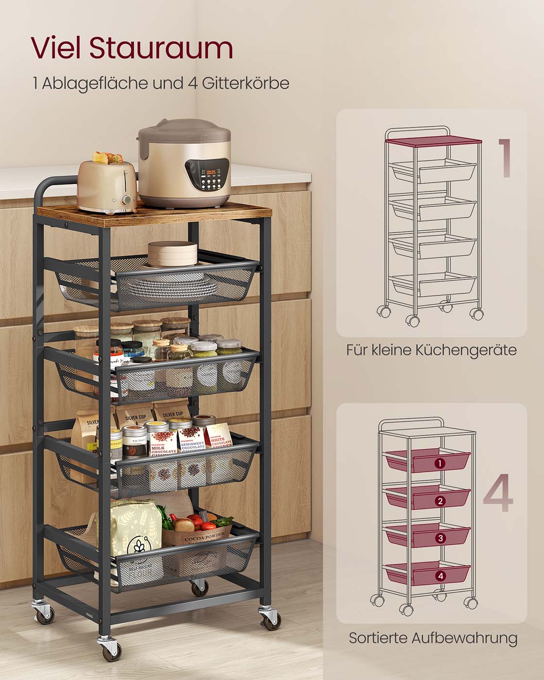Servierwagen - 3 Ebenen - Mit Ausziehbaren Körben - Auf Rollen