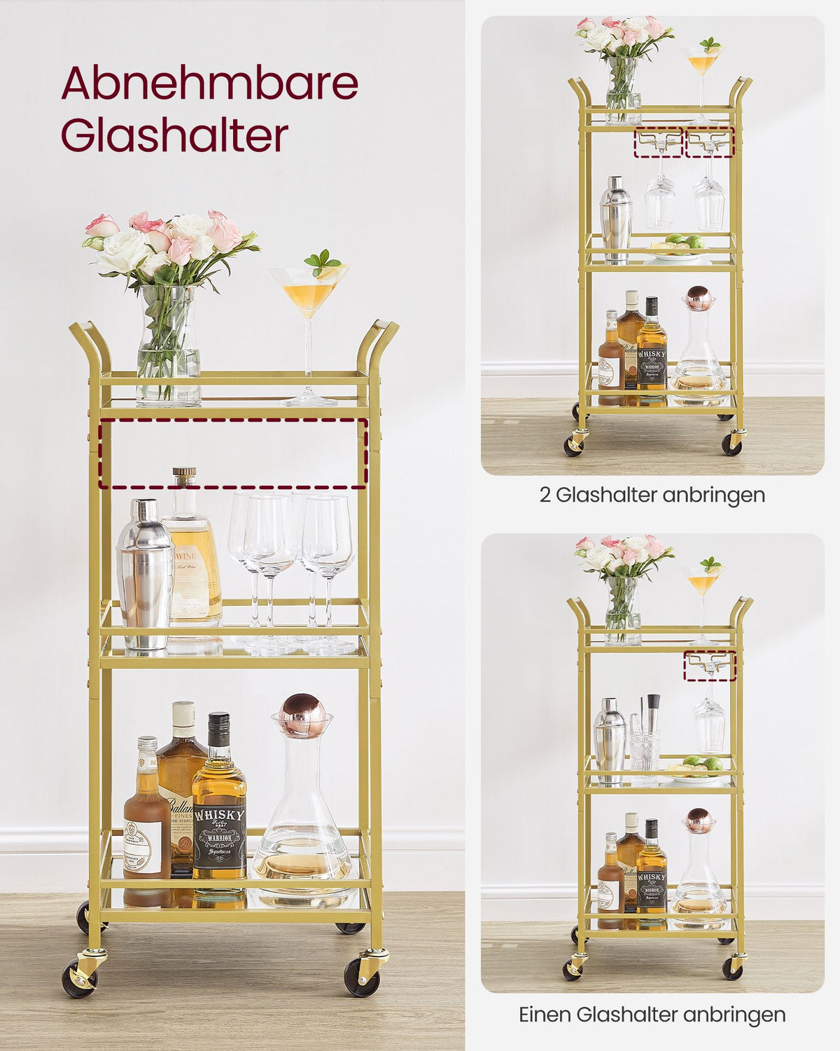 Servierwagen – Dreistufig – Auf Rollen – Mit Griffen – Spiegelnde Glasablagen – Für Kleine Räume – Küche – Esszimmer – Bar – Stahl